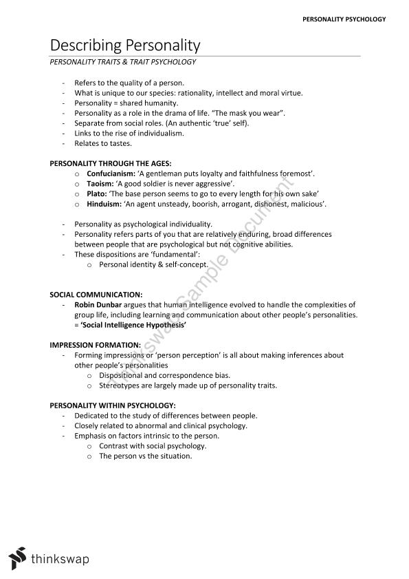 Personality Psychology Study Notes | PSYC10004 - Mind, Brain and ...