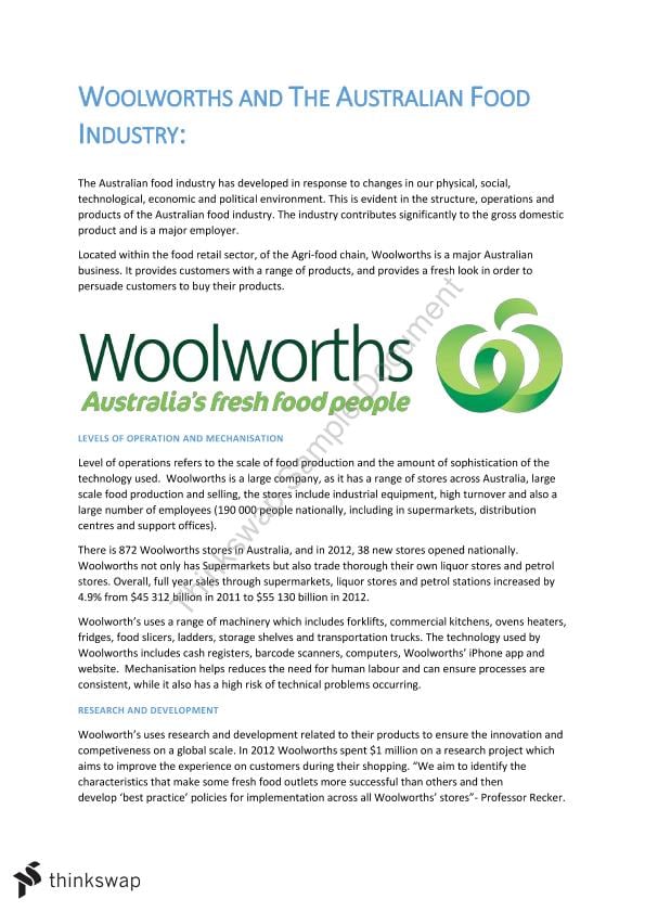 Woolworths and the Australian Food Industry | Food Technology - Year 12 ...