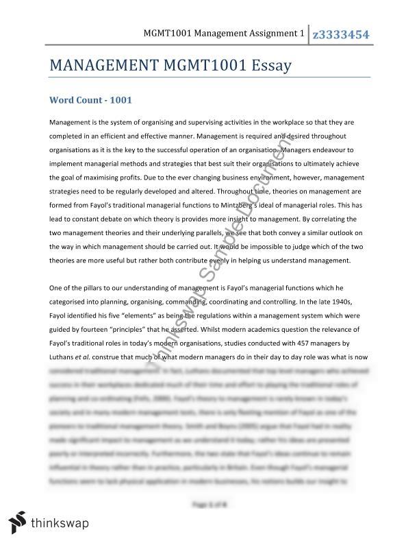 short essay about organization and management