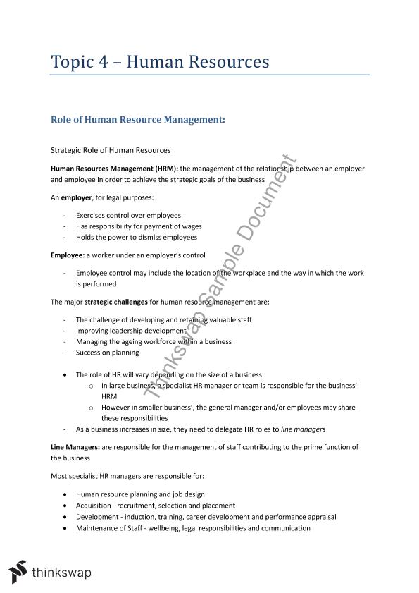Topic 4 Human Resources Summary Notes Business Studies Year 12 Hsc Thinkswap