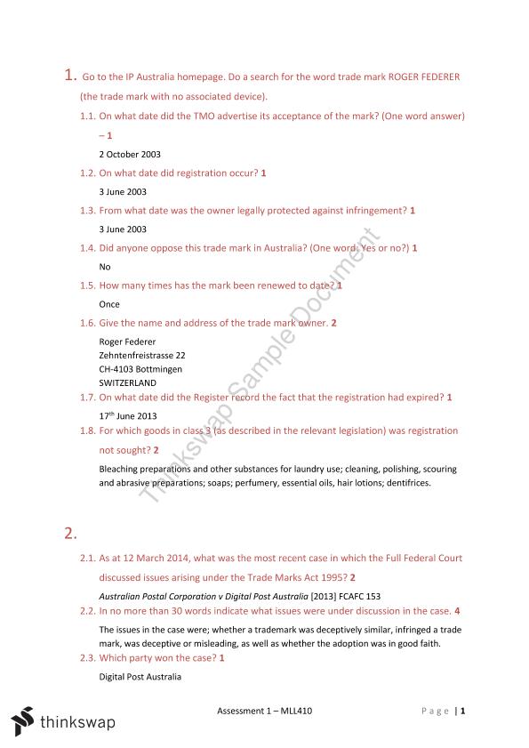 Assessment 1 Copyright Questions and Answers MLL410
