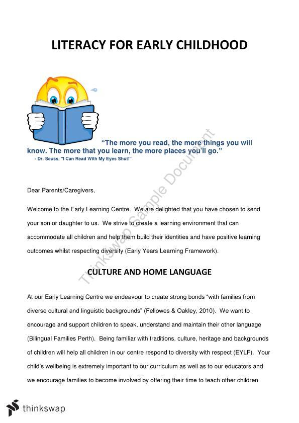 Letter to parents advising the importance of literacy learning in early ...
