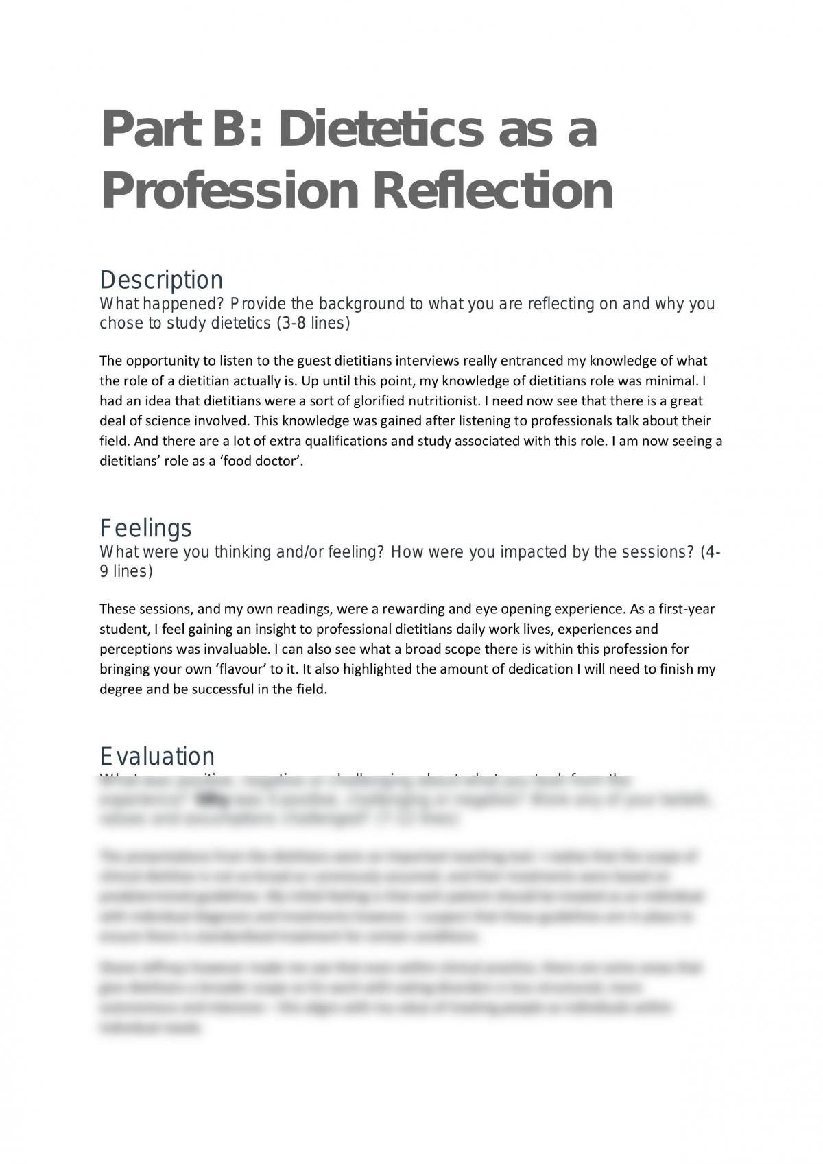 Part B: Dietetics as a Profession Reflection - Page 1