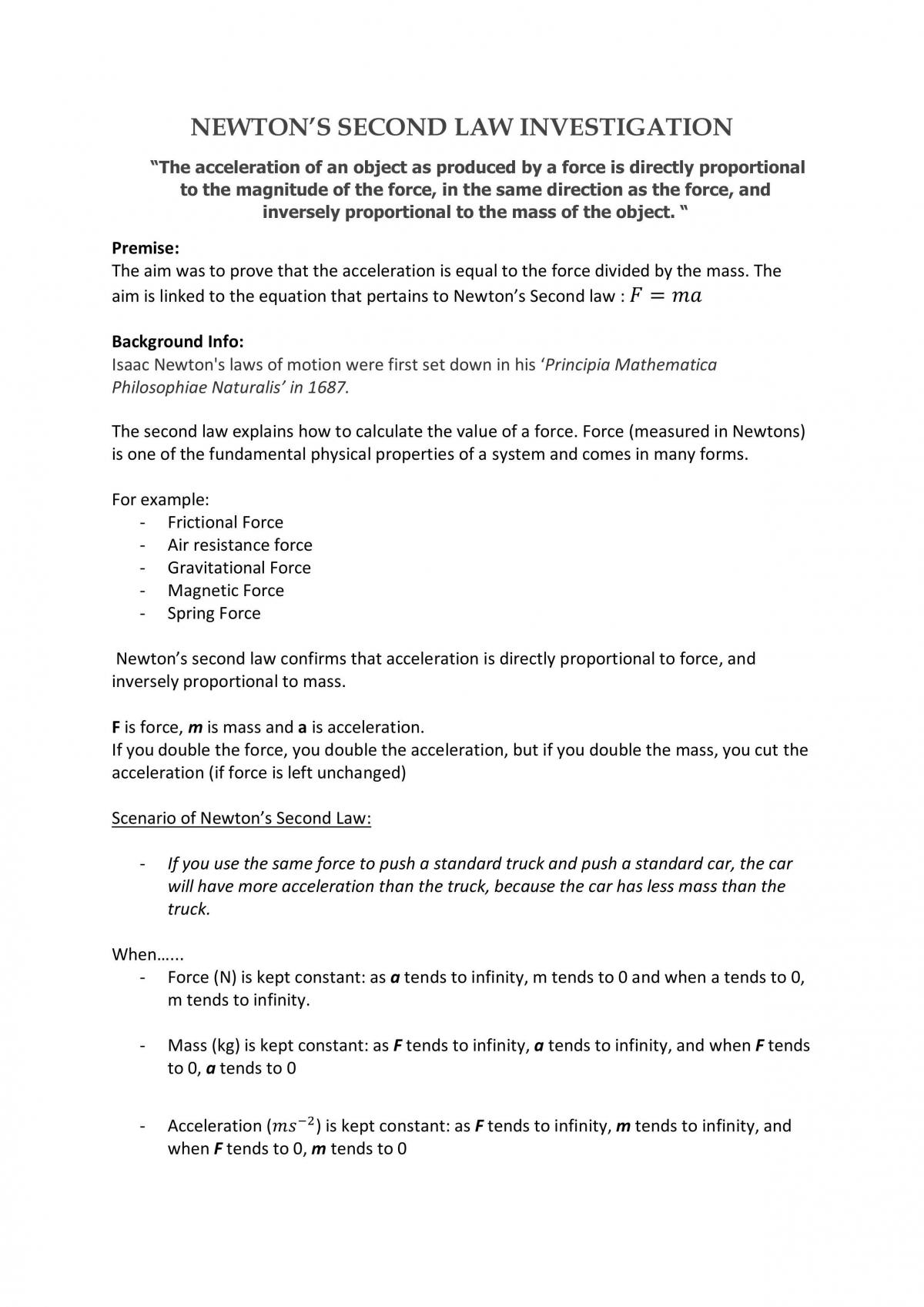 Newton's Second Law Investigation - Page 1