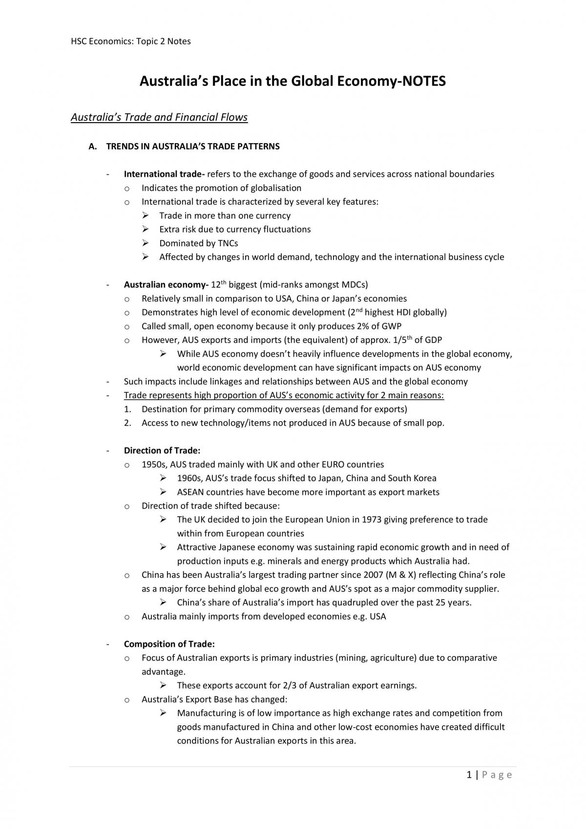 10.2 Australia's Place in the Global Economy Full Notes - Page 1
