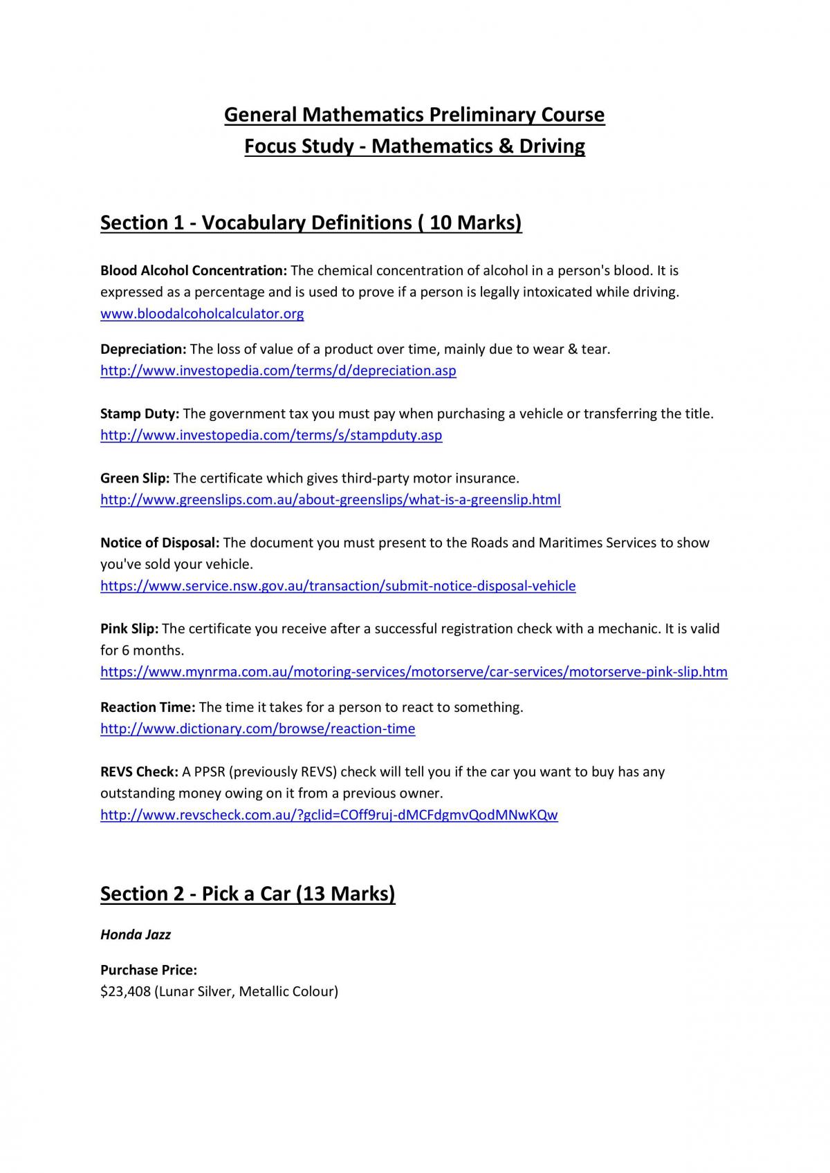 Preliminary General Mathematics - Focus Study: Mathematics & Driving Assessment - Page 1