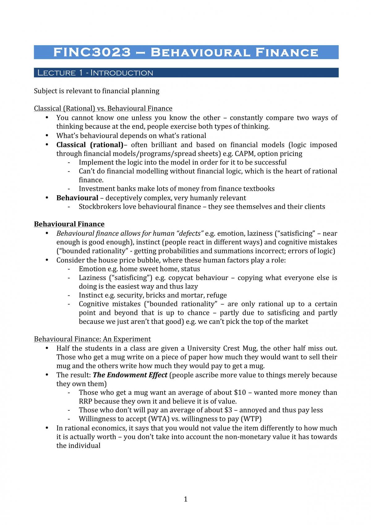 FINC3023 Behavioural Finance Notes - Page 1