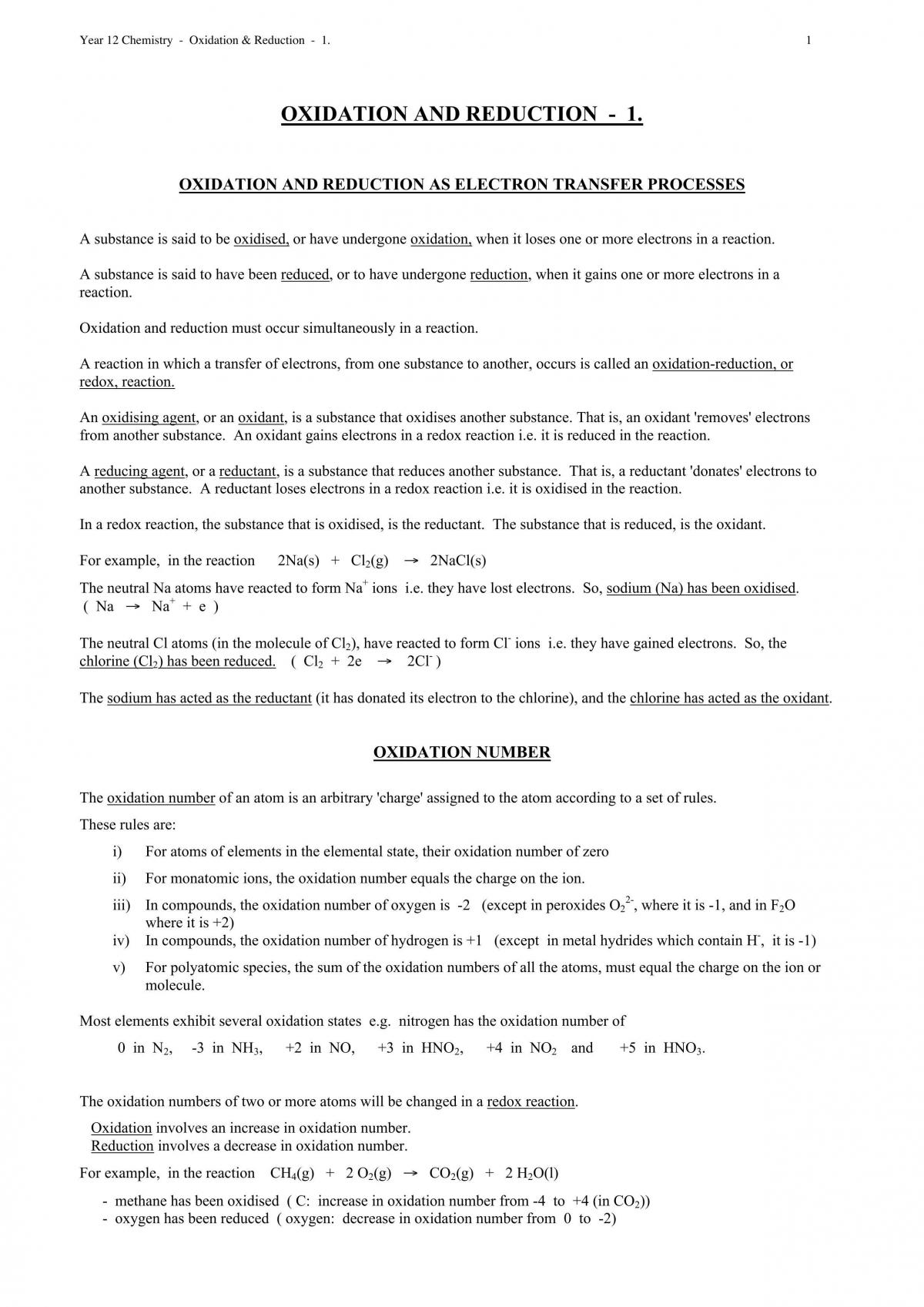 Oxidation and Reduction Notes - Page 1