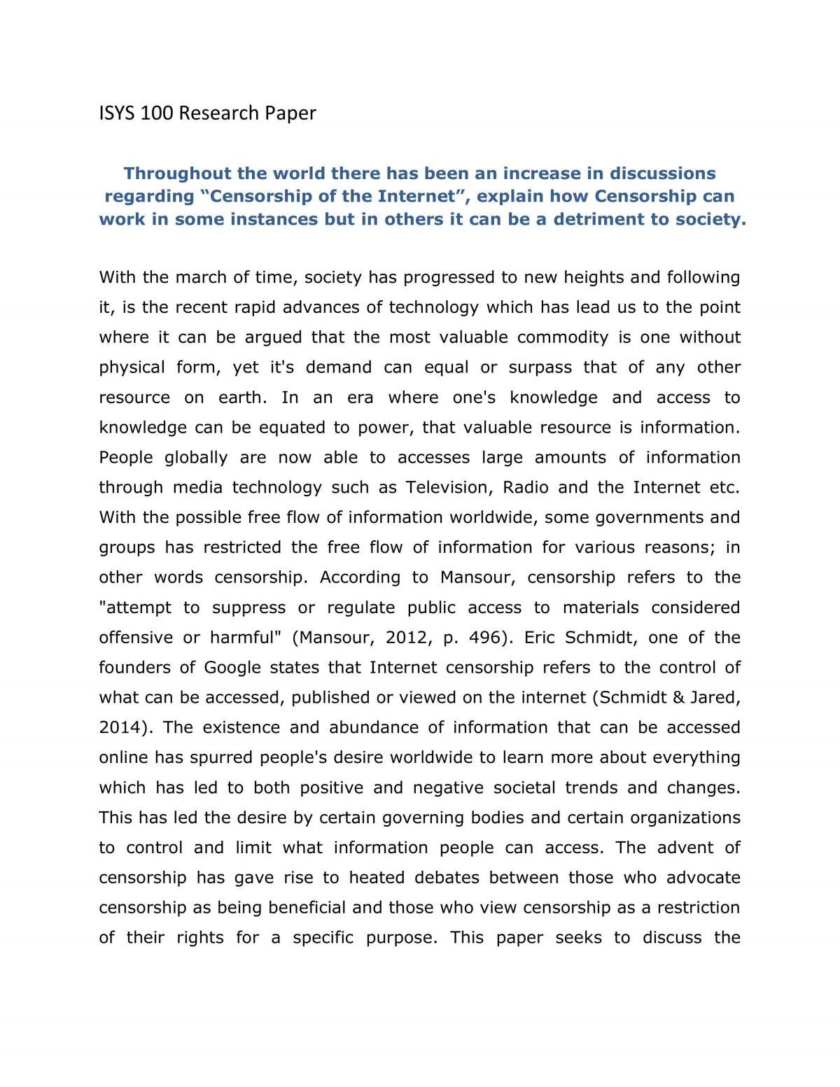 ISYS100 Final Research Paper on Internet Censorship - Page 1