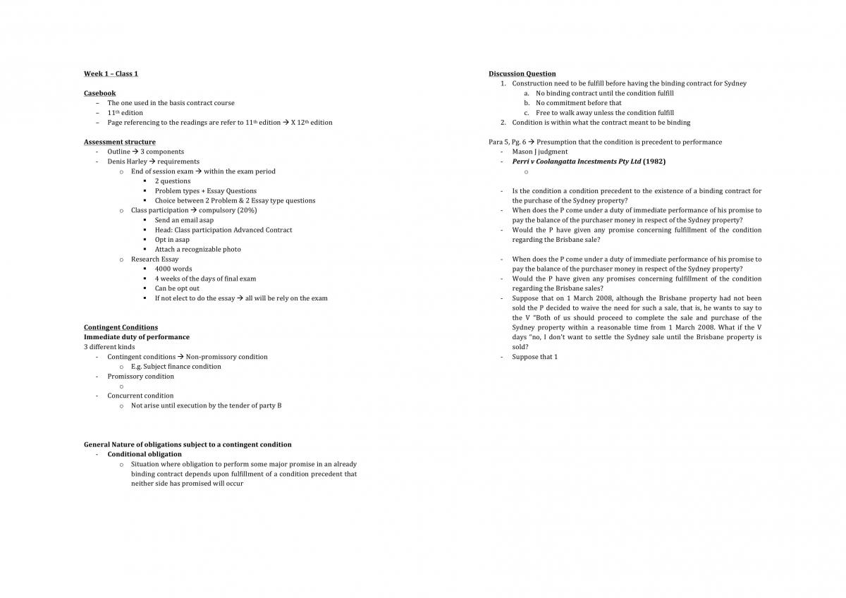 Class notes from Advanced Contract Law - Page 1