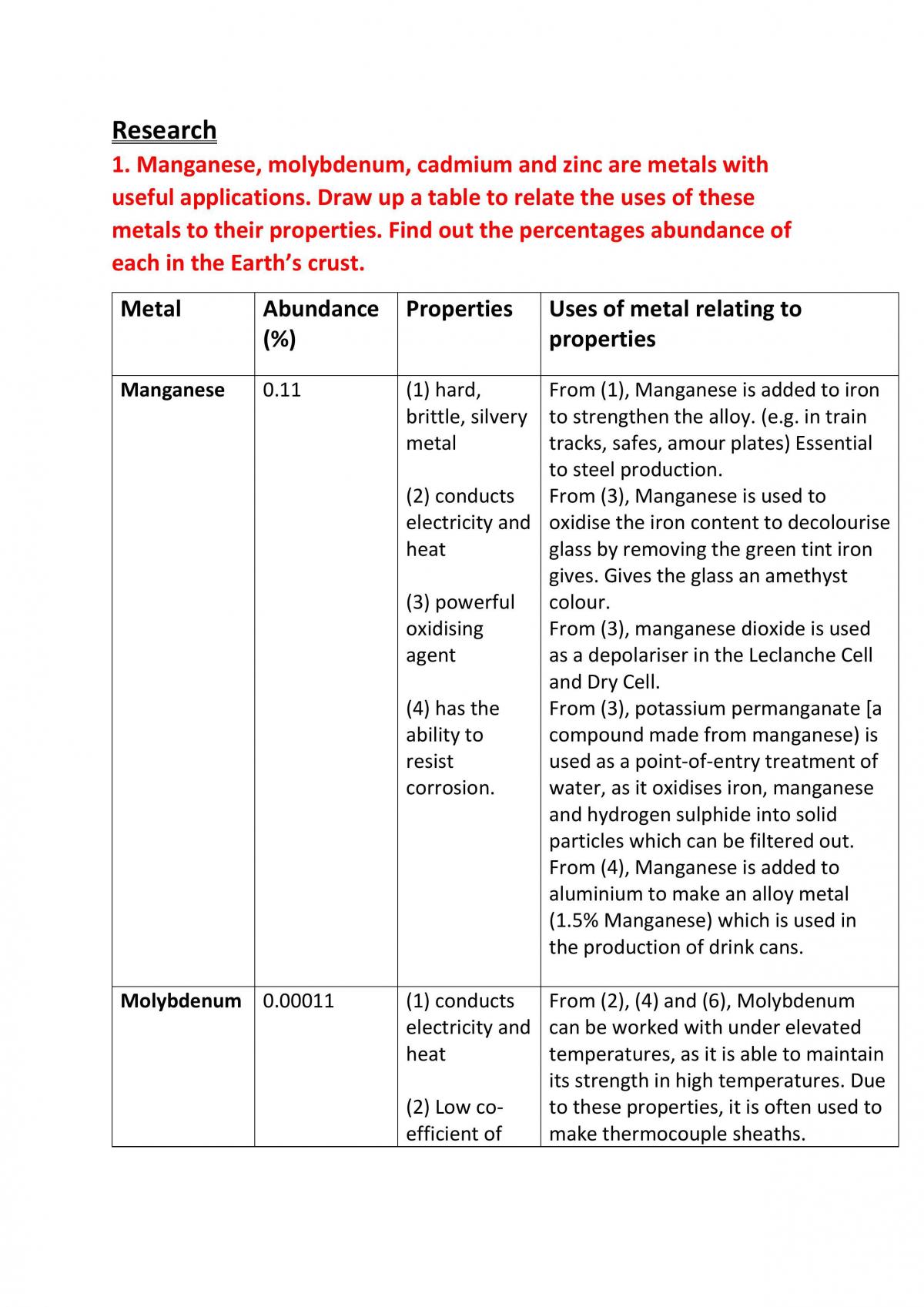 Chemistry (Metals Research Task) - Page 1