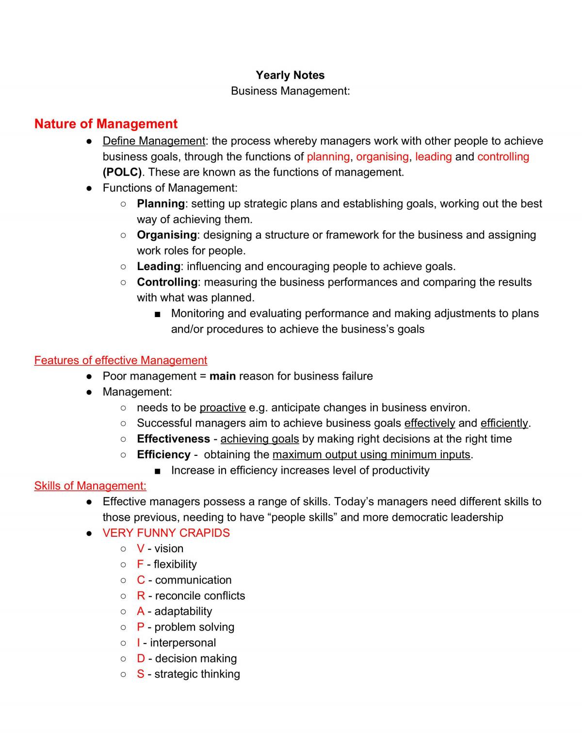 Business Studies - Study Notes - Page 1