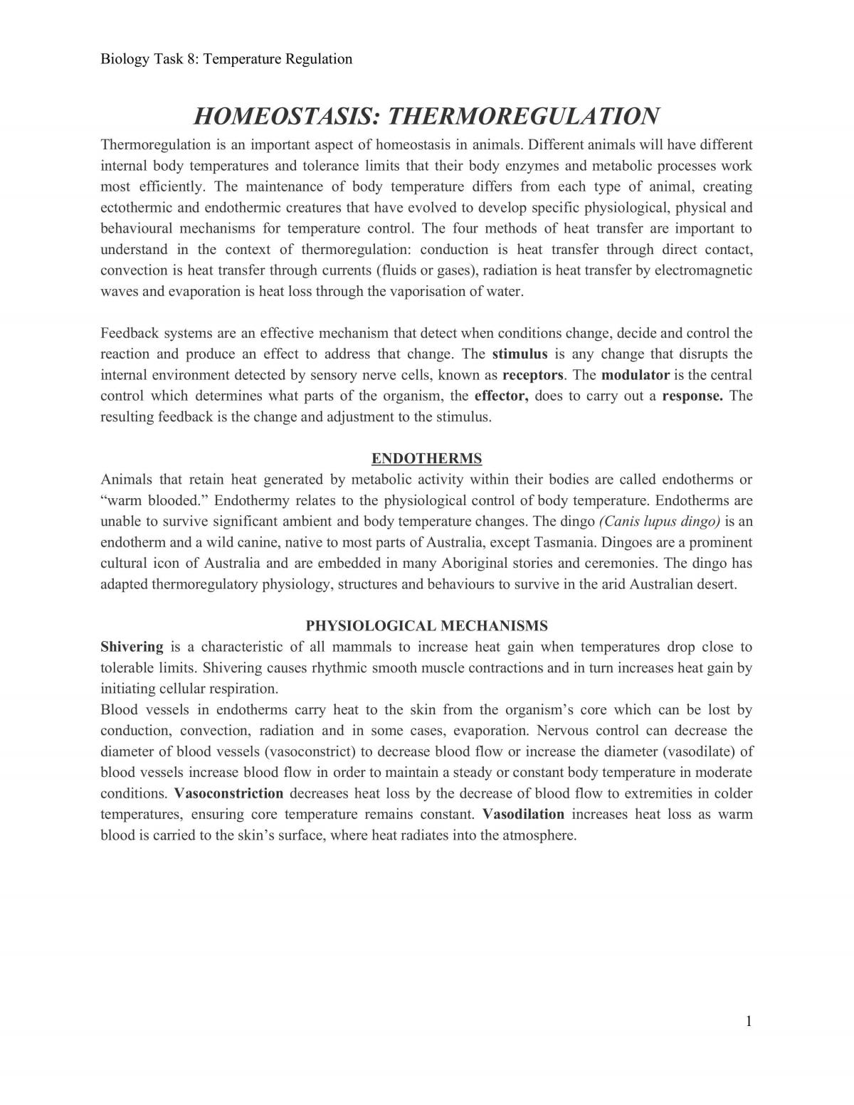 Homeostasis - Thermoregulation Case Study - Page 1
