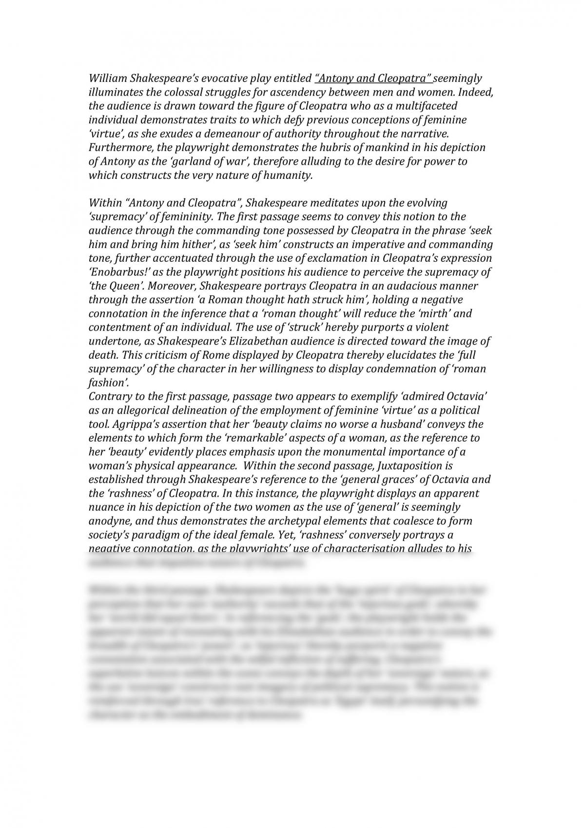 Antony and Cleopatra - Practise Essay - Page 1