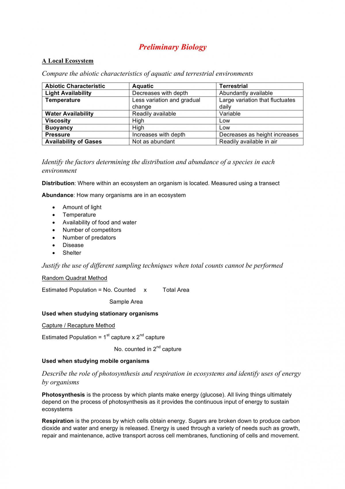 Complete Preliminary Biology Study Notes  - Page 1