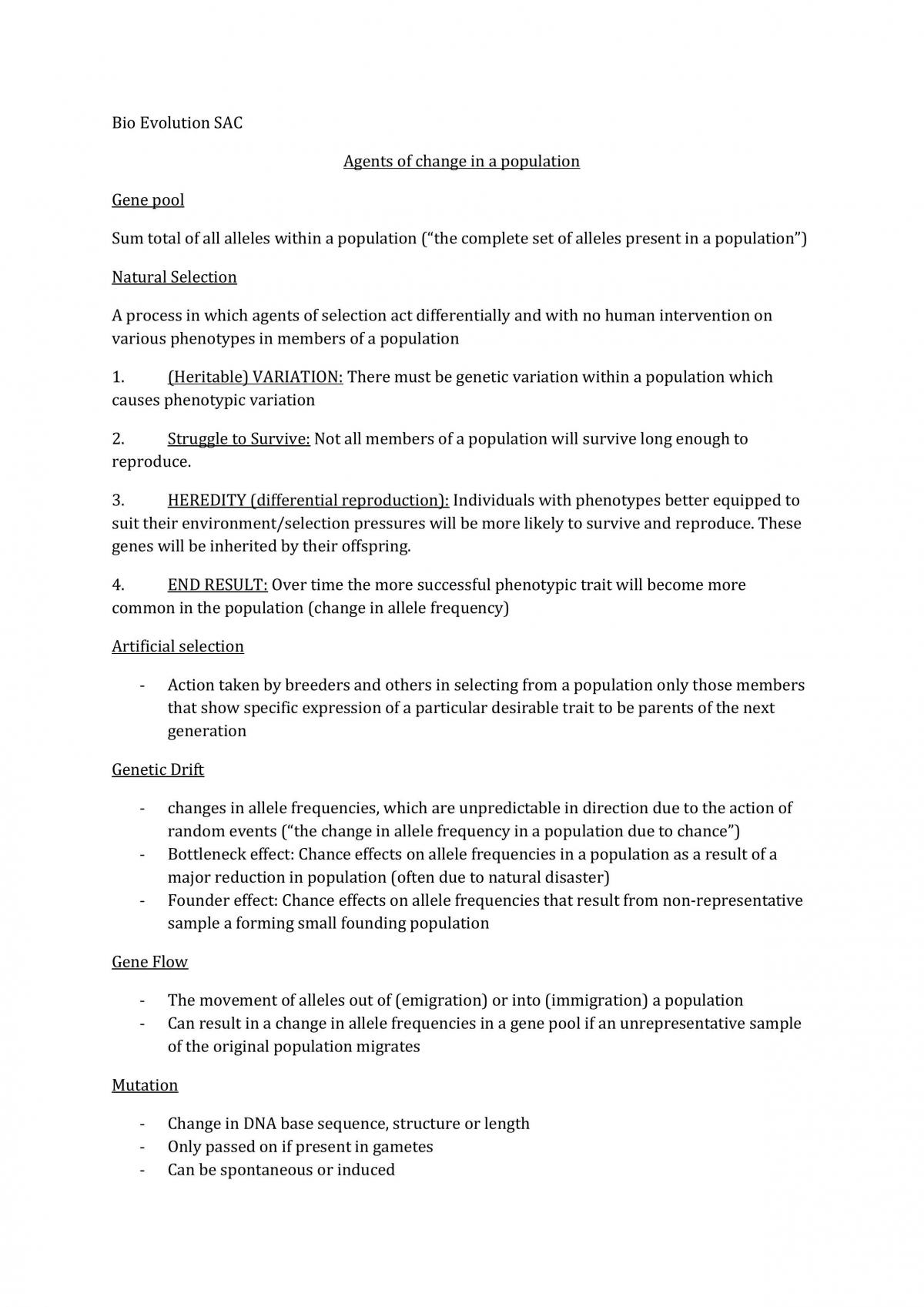 VCE Biology Units 3 & 4 Study Notes (Evolution and Molecule genetics) - Page 1