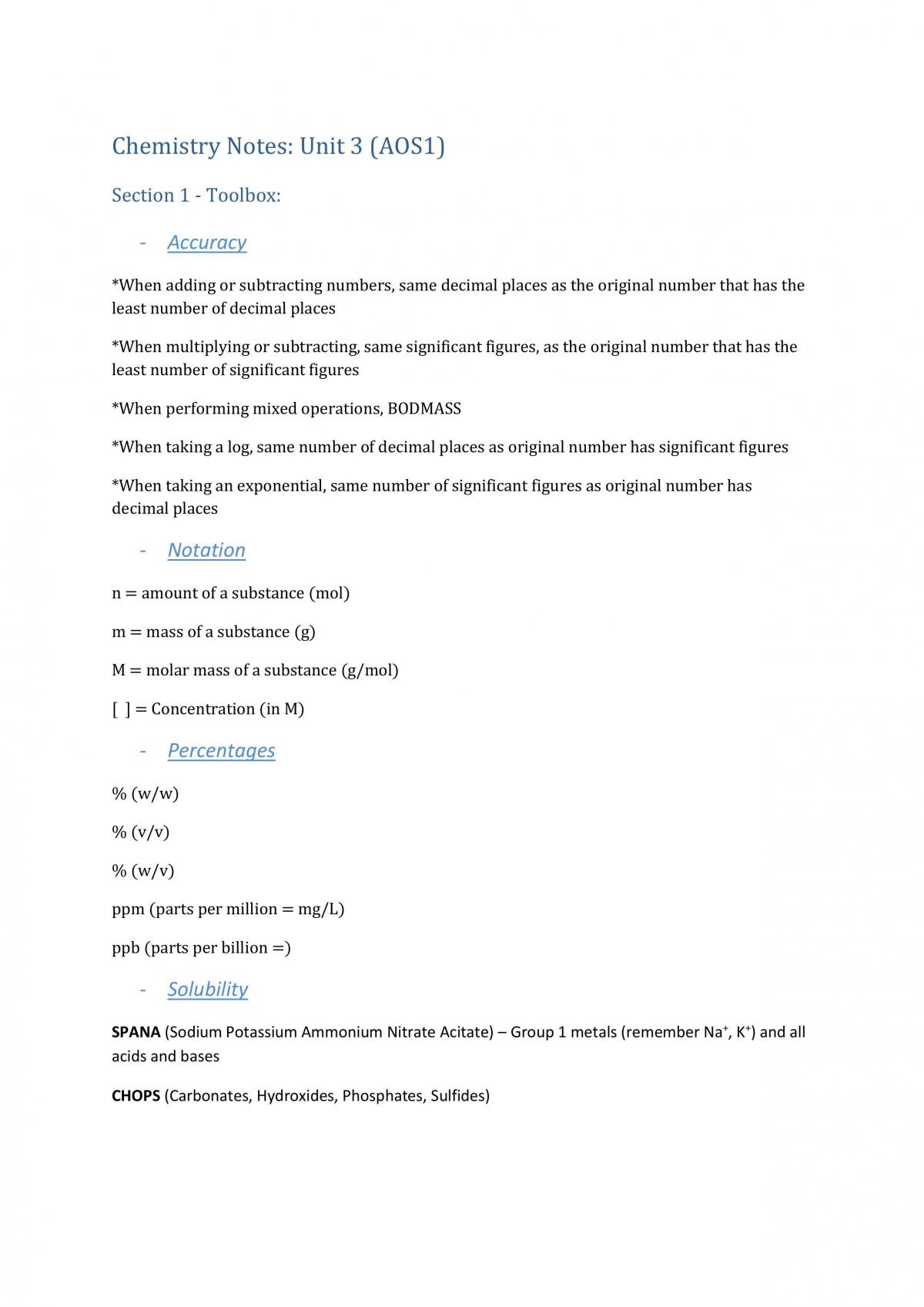 Notes for Unit 3 AOS1 Chemistry - Page 1