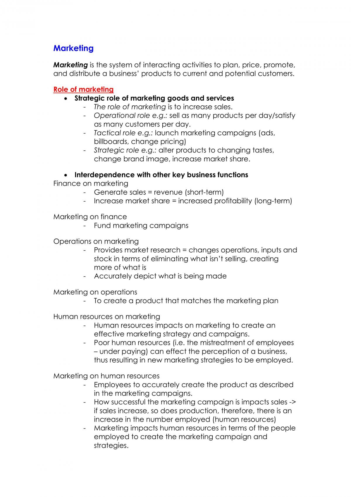 Band 6 Business Studies Notes Marketing And Human Resources HR
