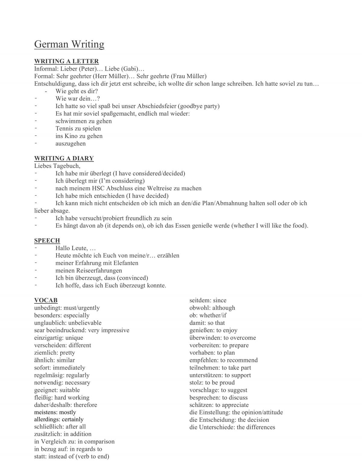German Common Terms Vocab Blogs Passages German Year 12 HSC