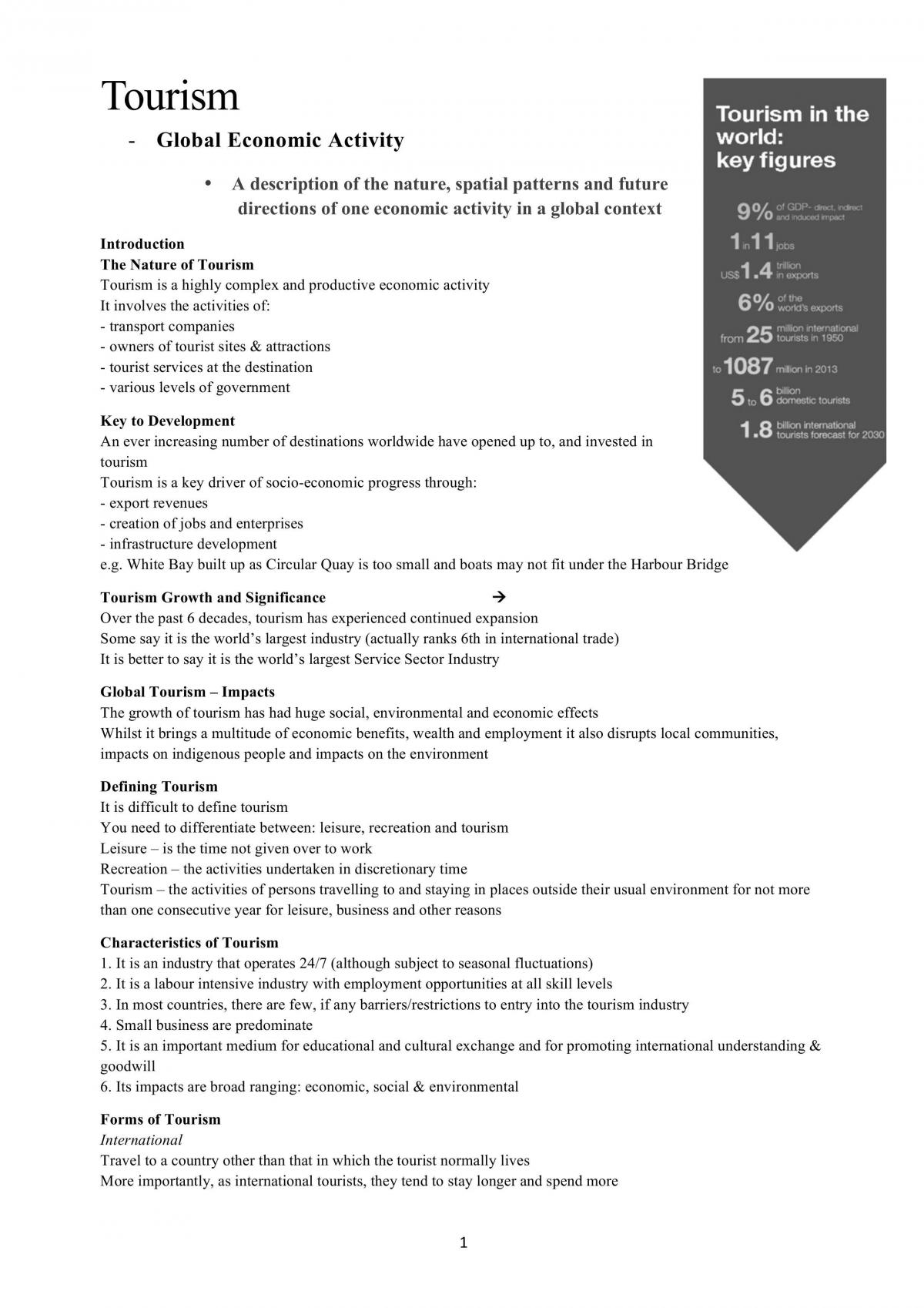 HSC Geo Tourism Notes - Page 1