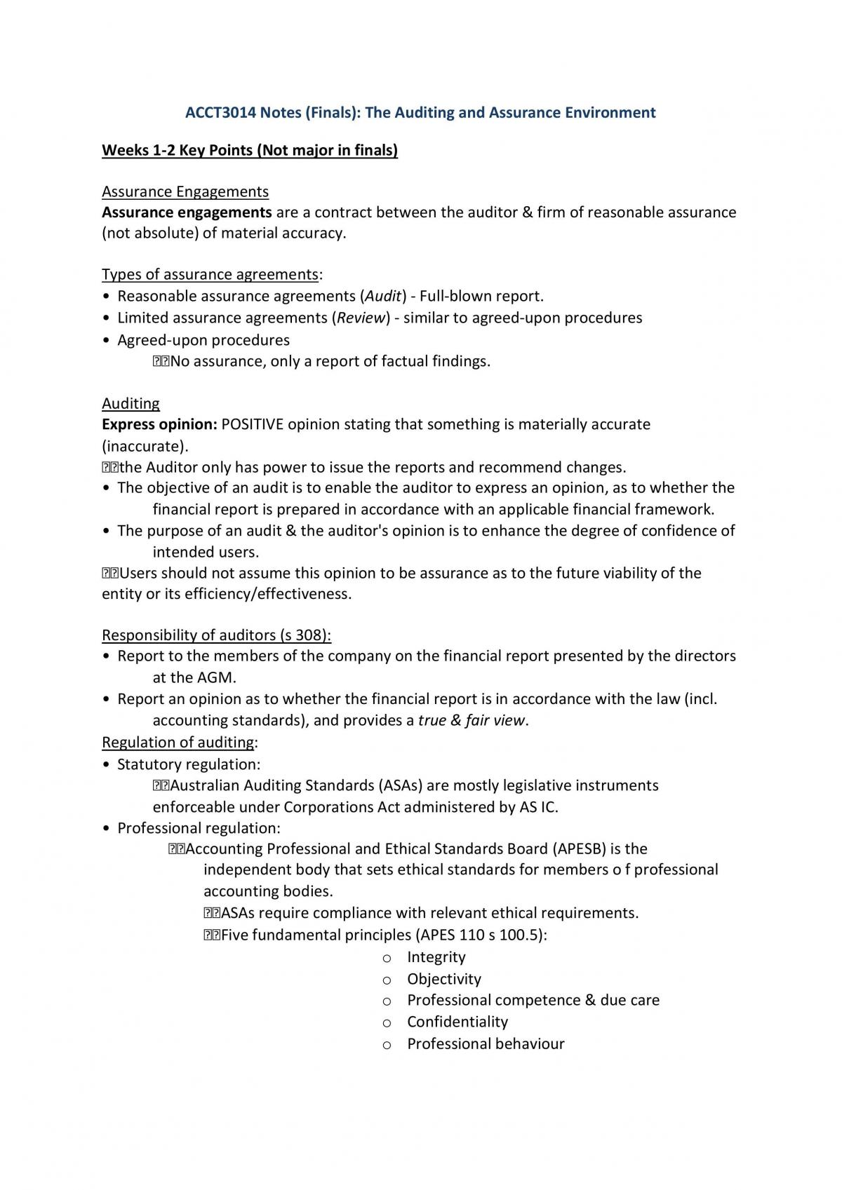 ACCT3014 Auditing Finals Notes - Page 1