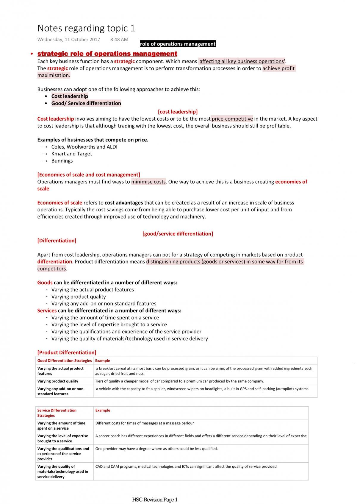 Business Studies Topic 1: Operations Notes - Page 1