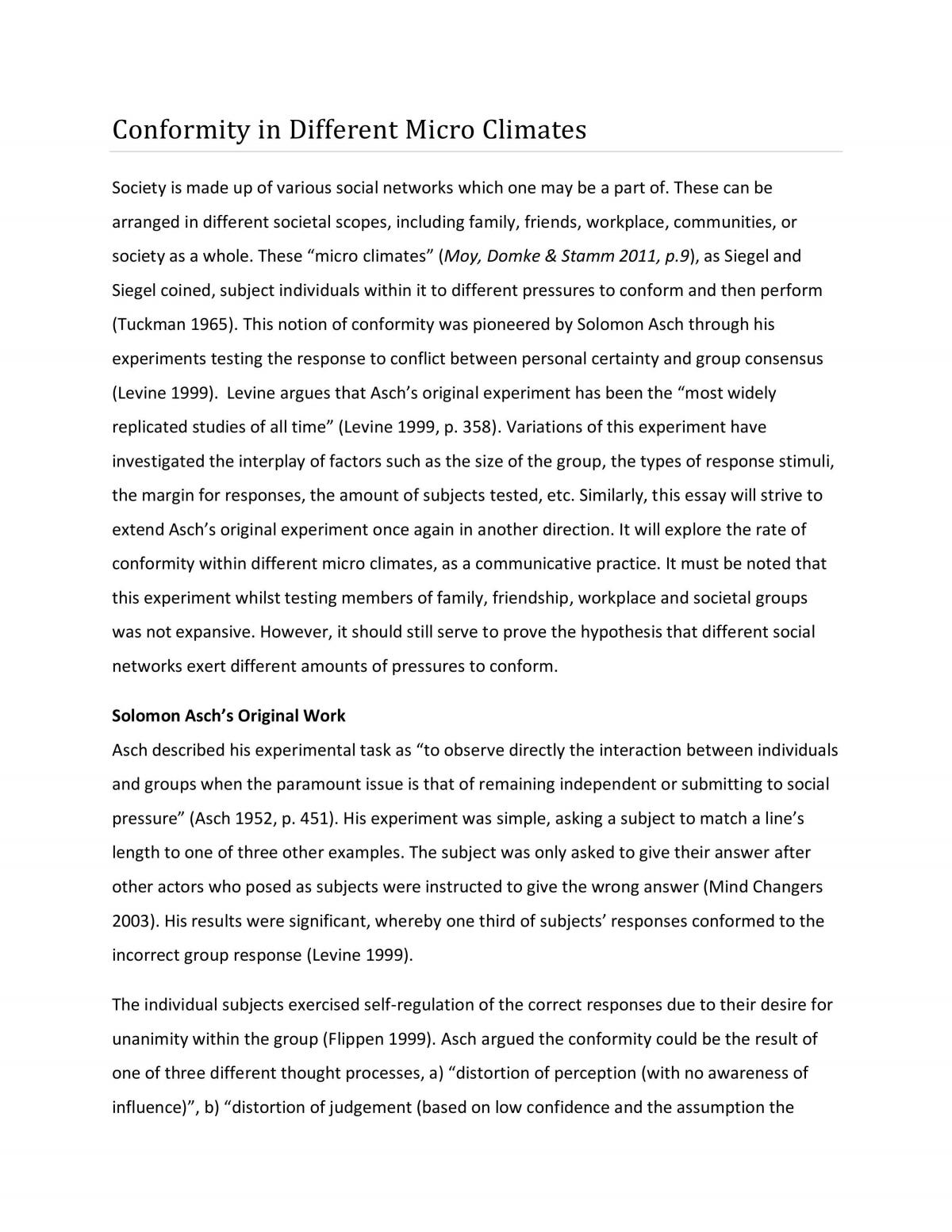 Major Research Essay - 'Conformity in Different Micro Climates' - Page 1
