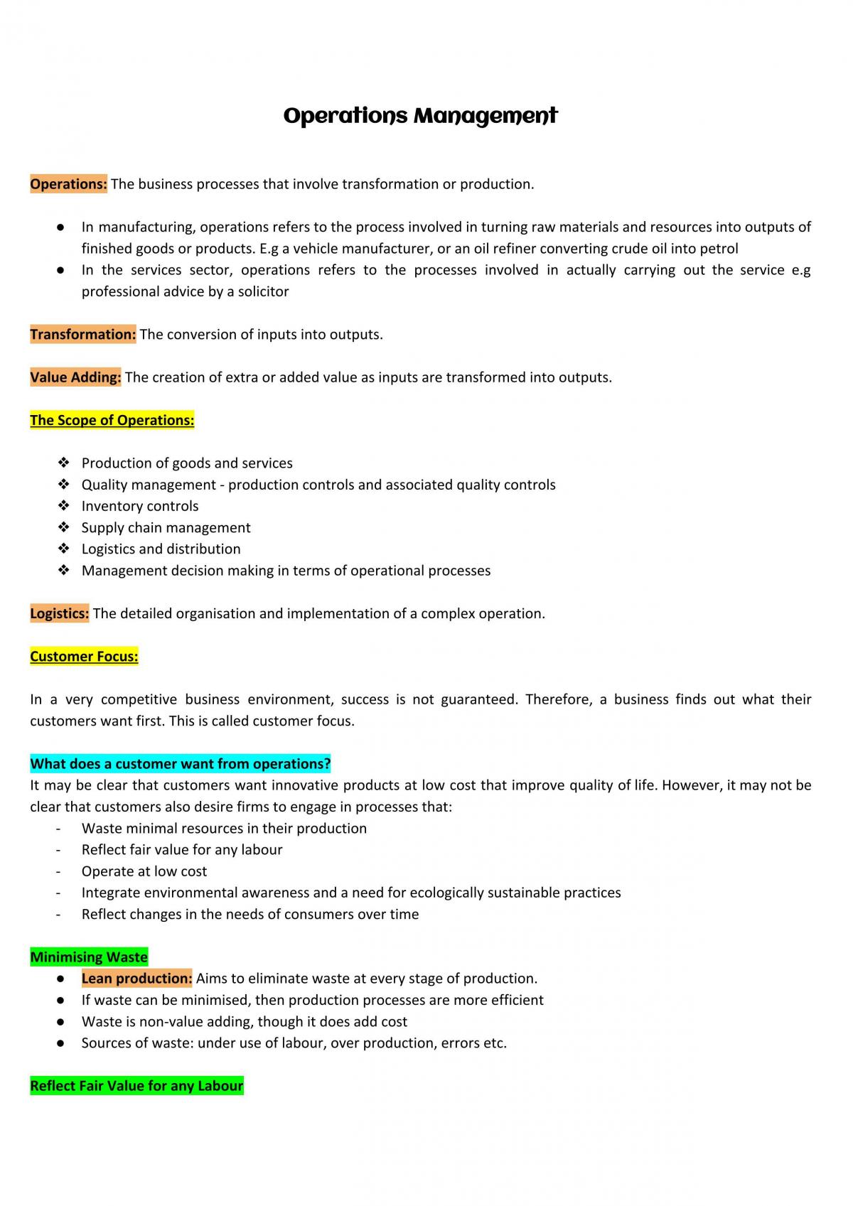 Business Studies - Operations Complete Study Notes - Page 1