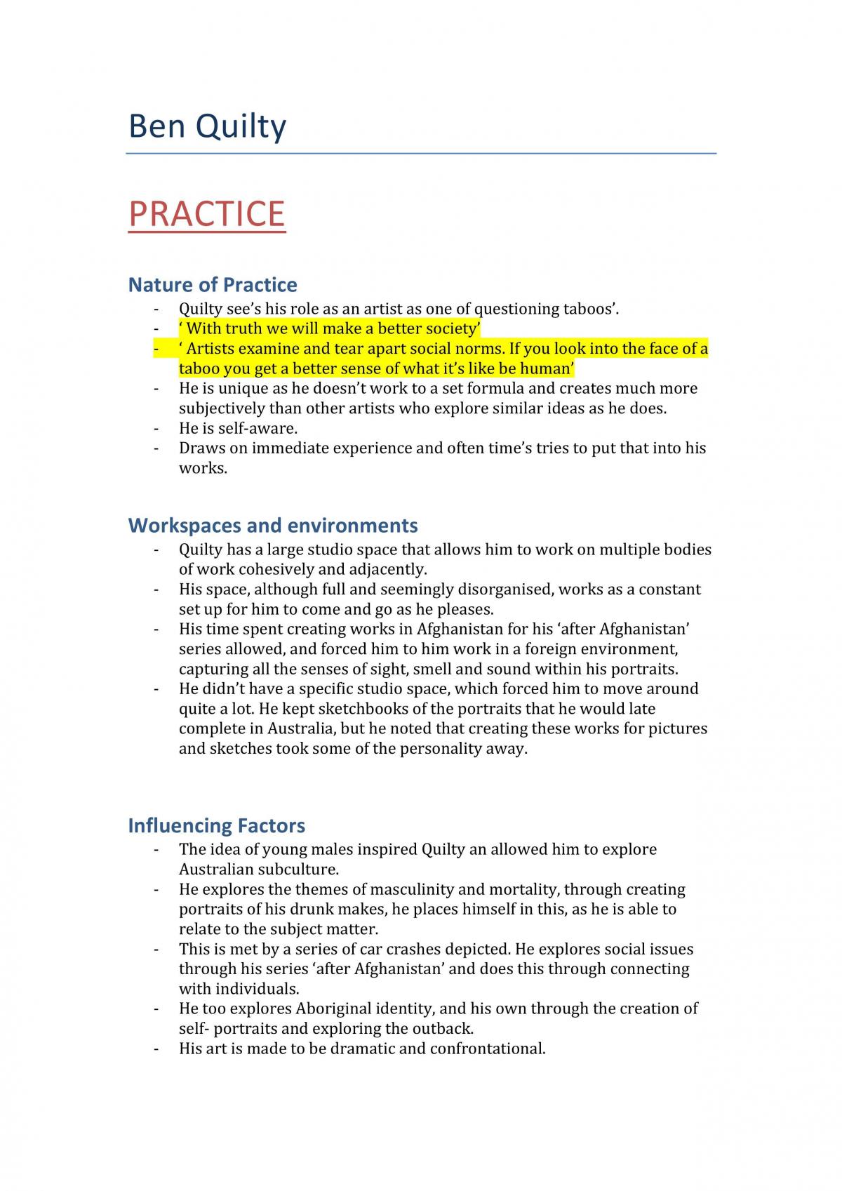Visual Art Notes for Section 2 (Extended Response) On Ben Quilty and Andrew Salgado - Page 1
