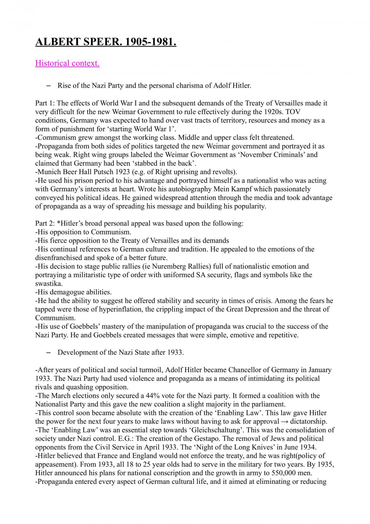 Modern History Personality Study - Albert Speer (Study Notes) - Page 1