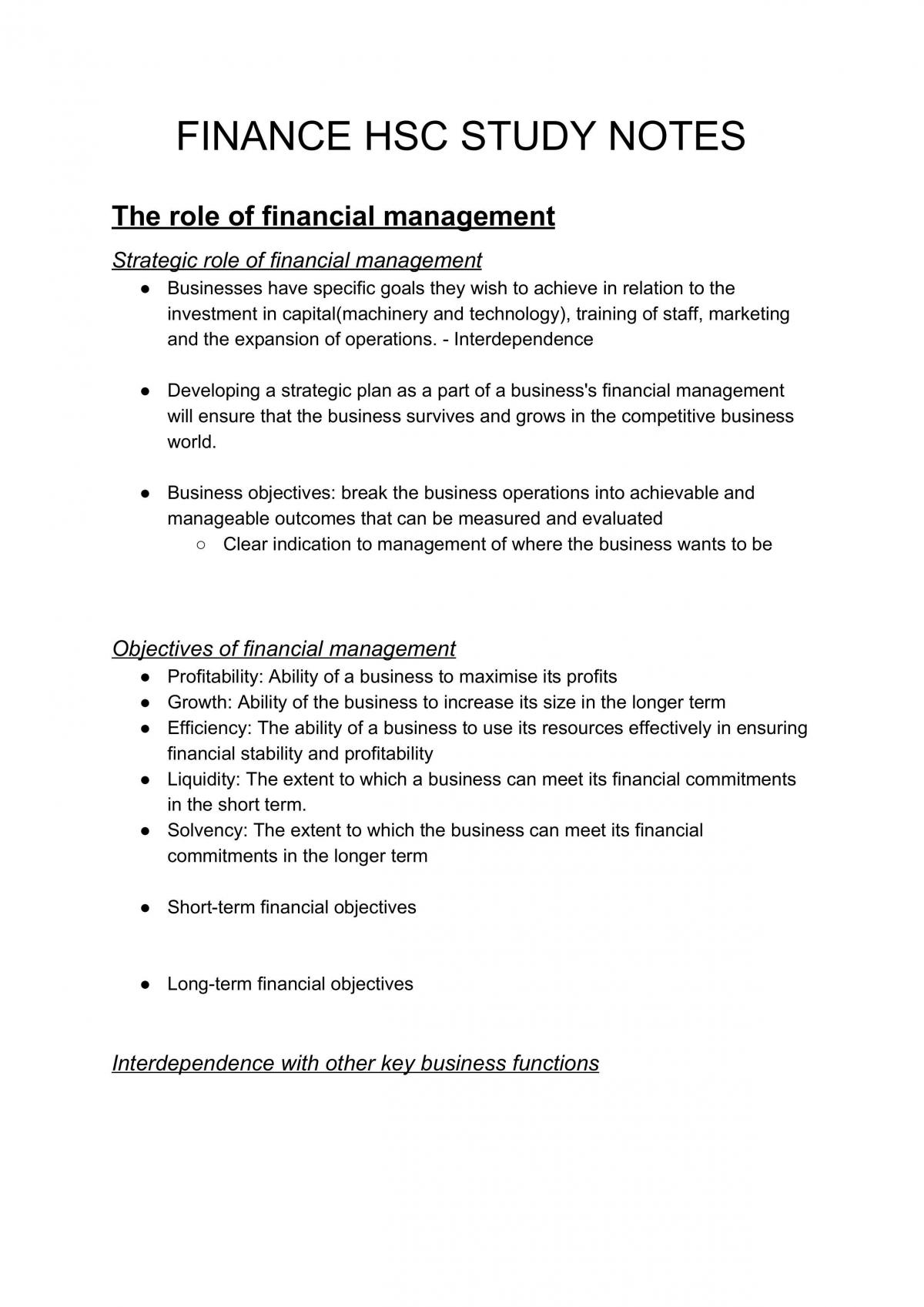 Finance- Business Studies Notes - Page 1