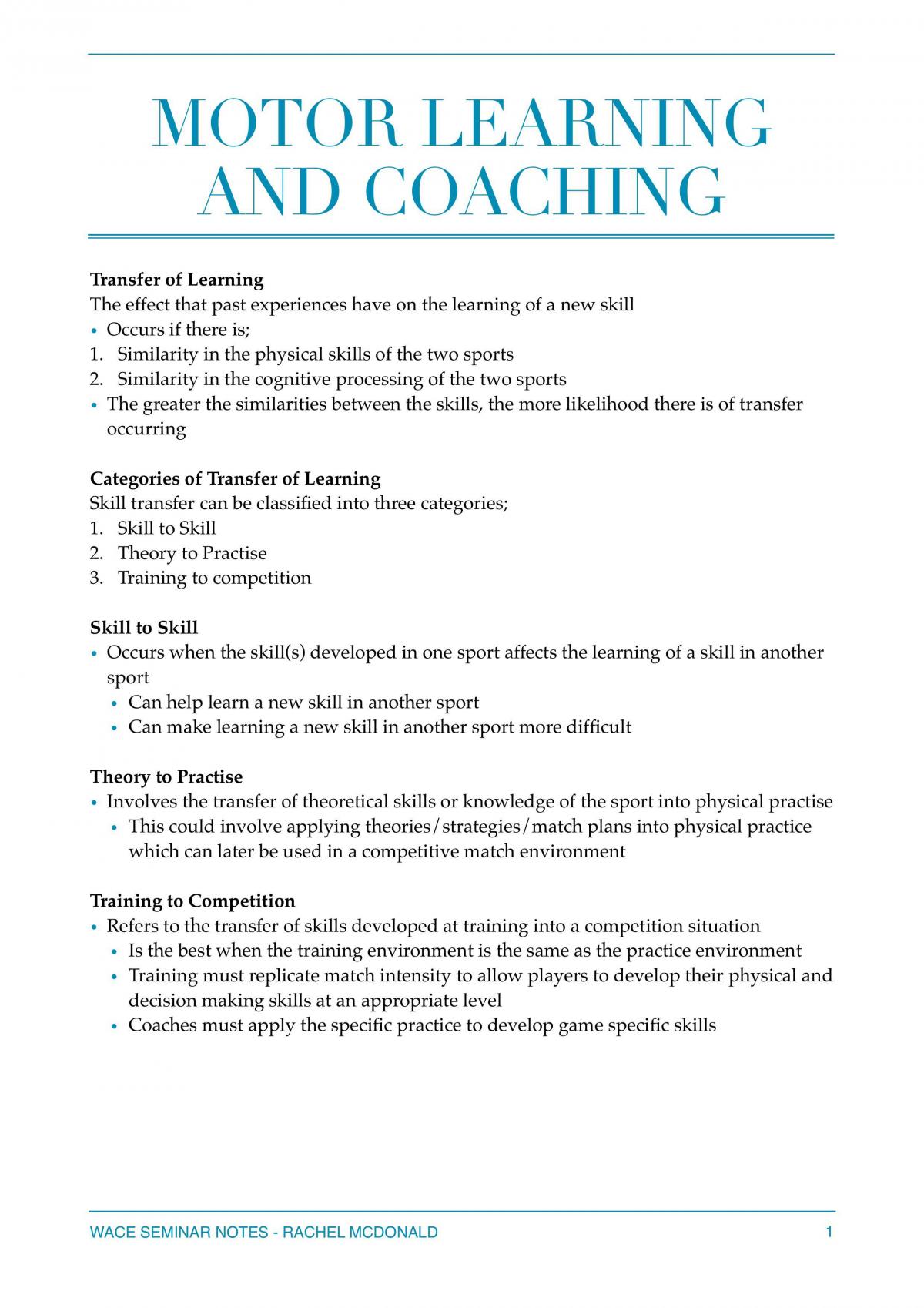 Full Motor Learning and Coaching Summary  - Page 1