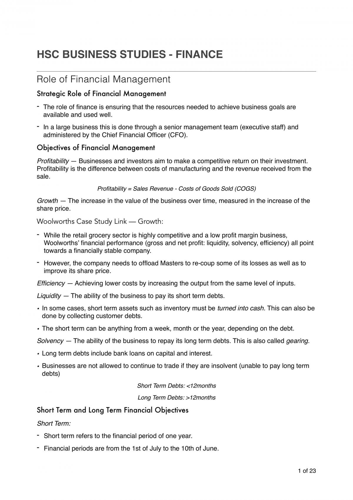 HSC Finance Notes - Page 1