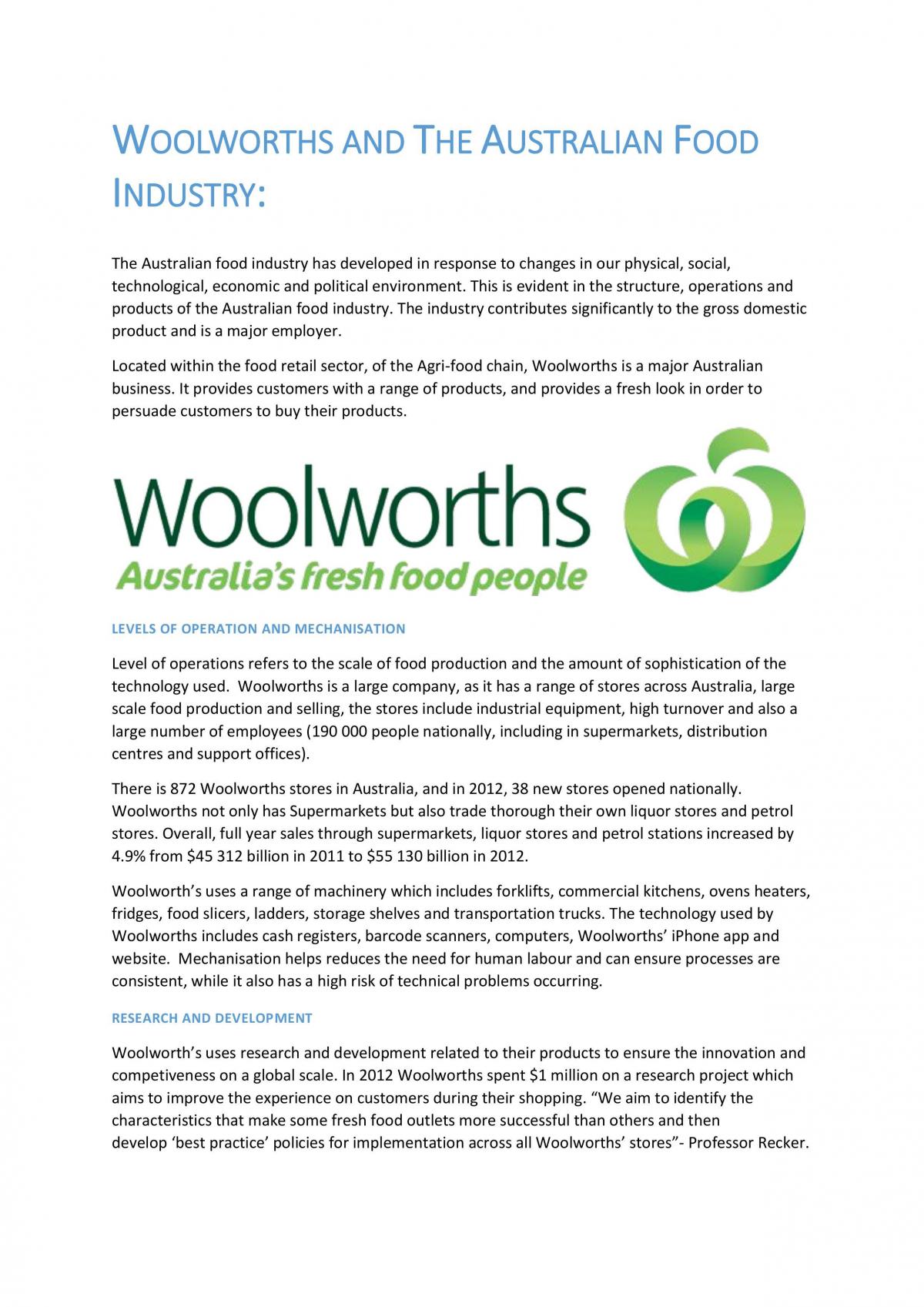 Woolworths and the Australian Food Industry Food Technology - Year 12 HSC | Thinkswap