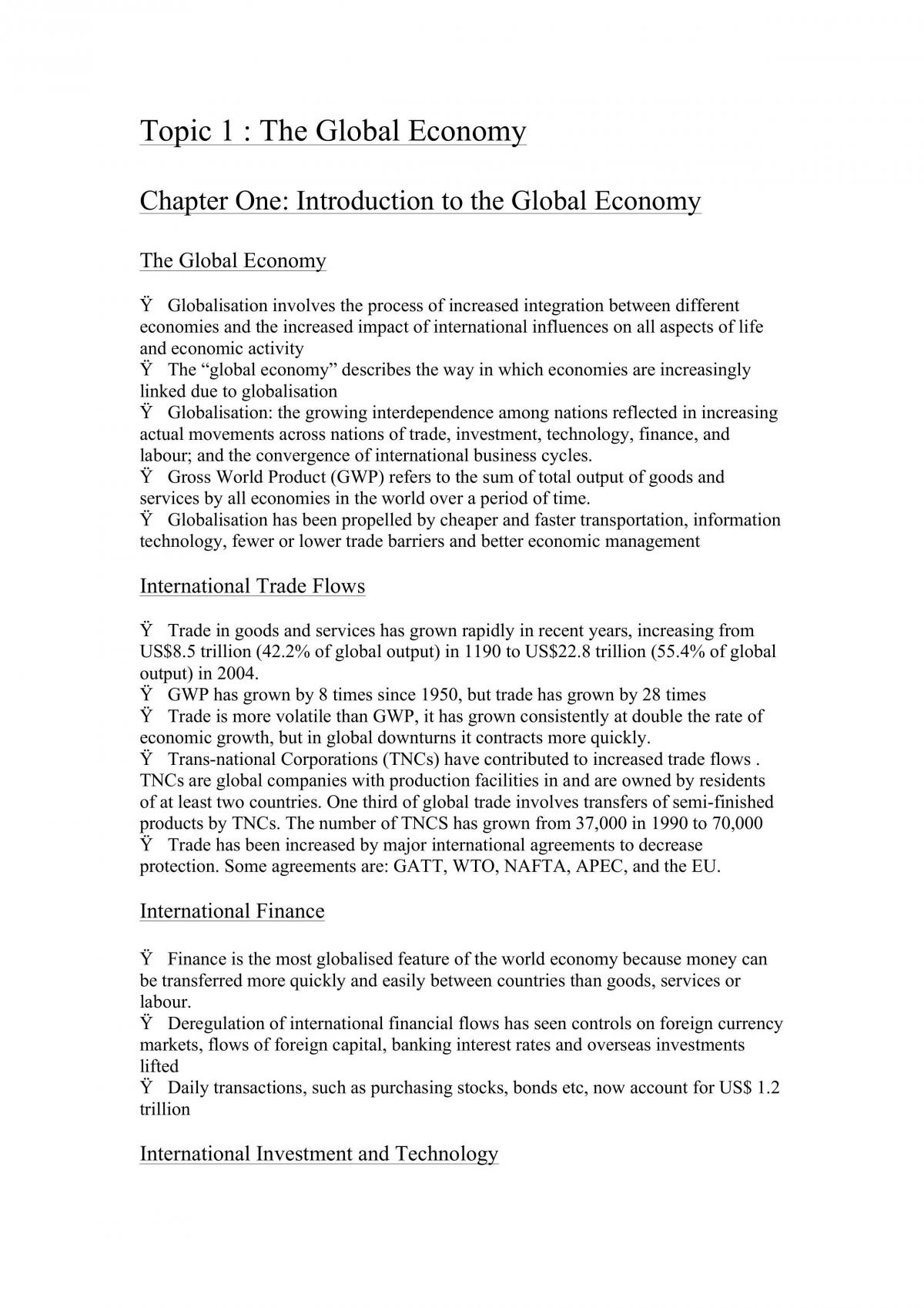 Topic 1: The Global Economy Summary Notes - Page 1