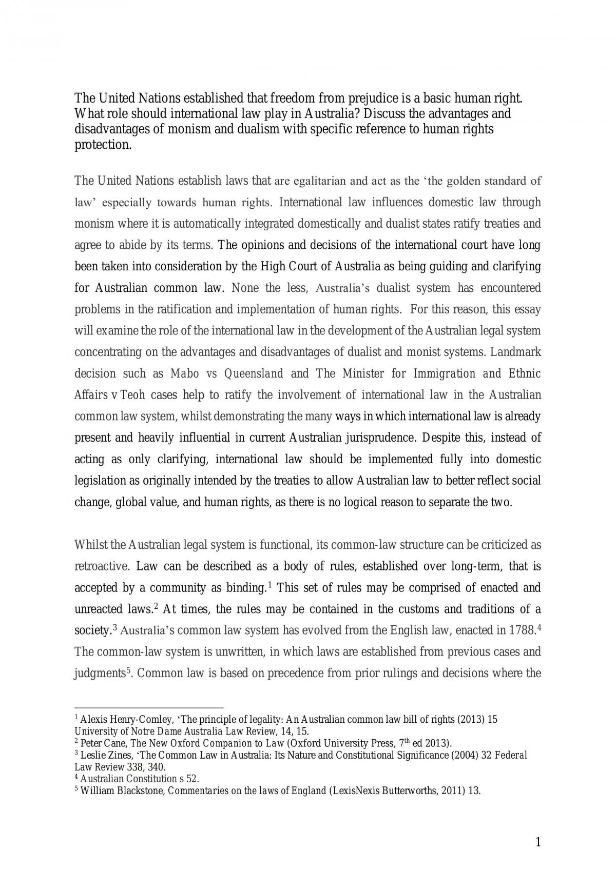 What role should international law play in Australia? Discuss the advantages and disadvantages of monism and dualism - Page 1