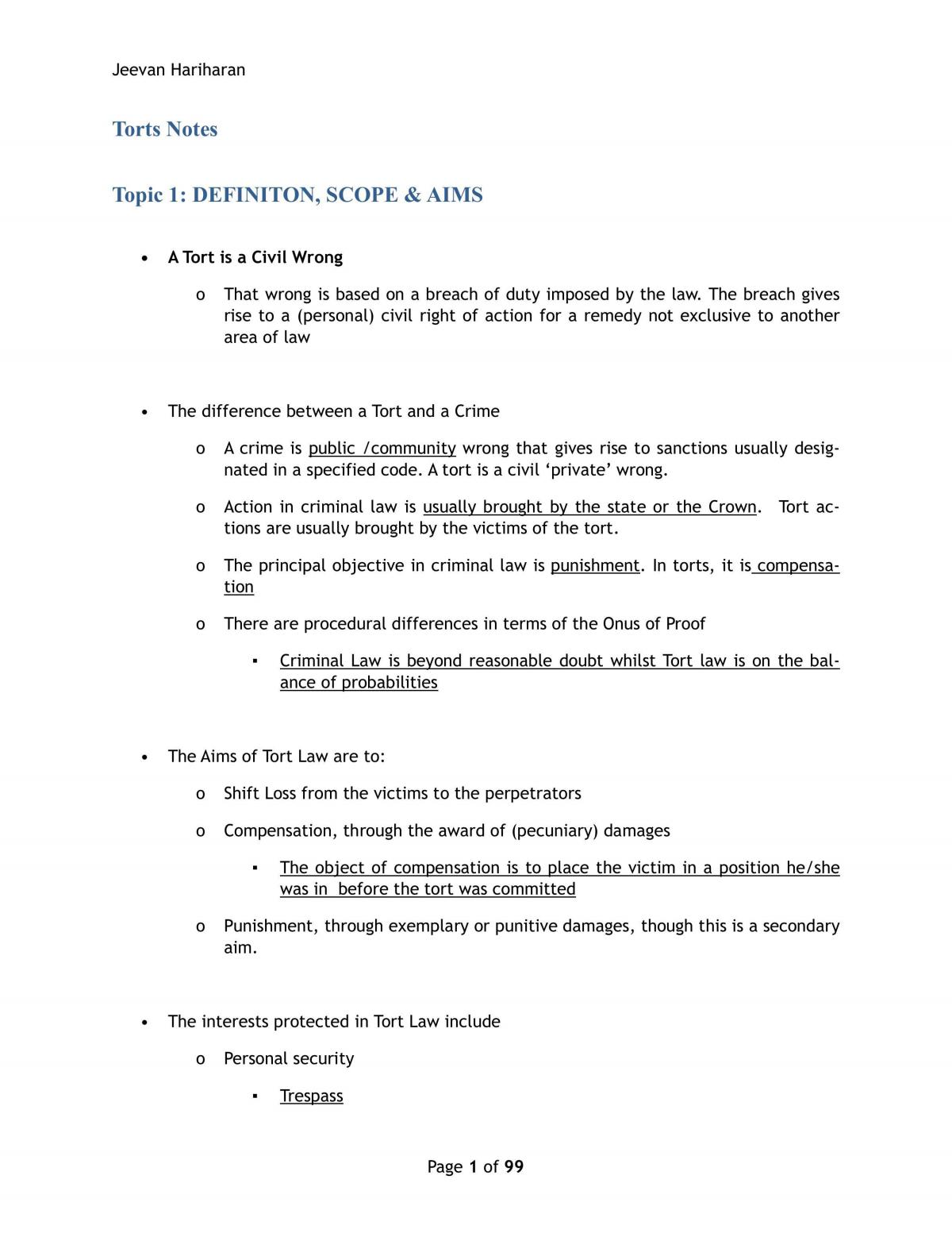 full torts notes (cases/legisaltion/problem question answers - Page 1
