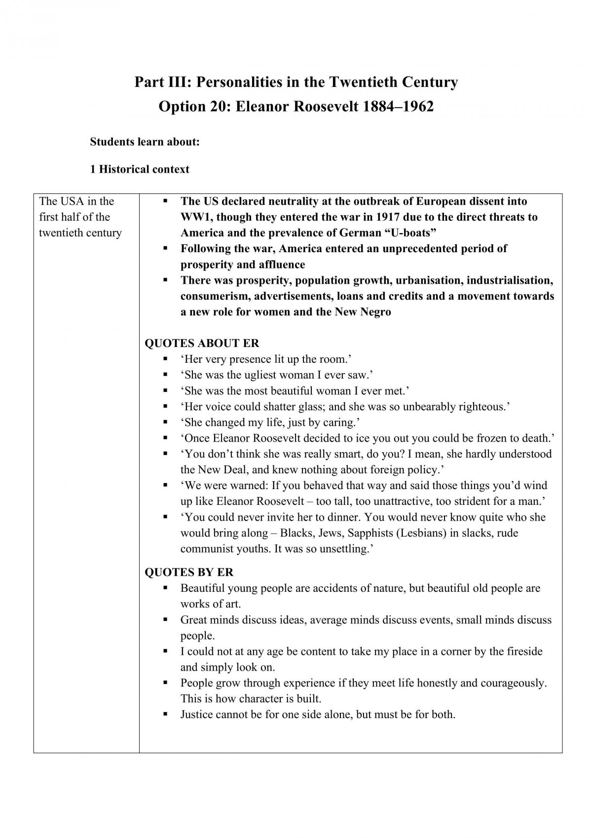 Eleanor Roosevelt Completed HSC Study Notes - Personality Study - Page 1