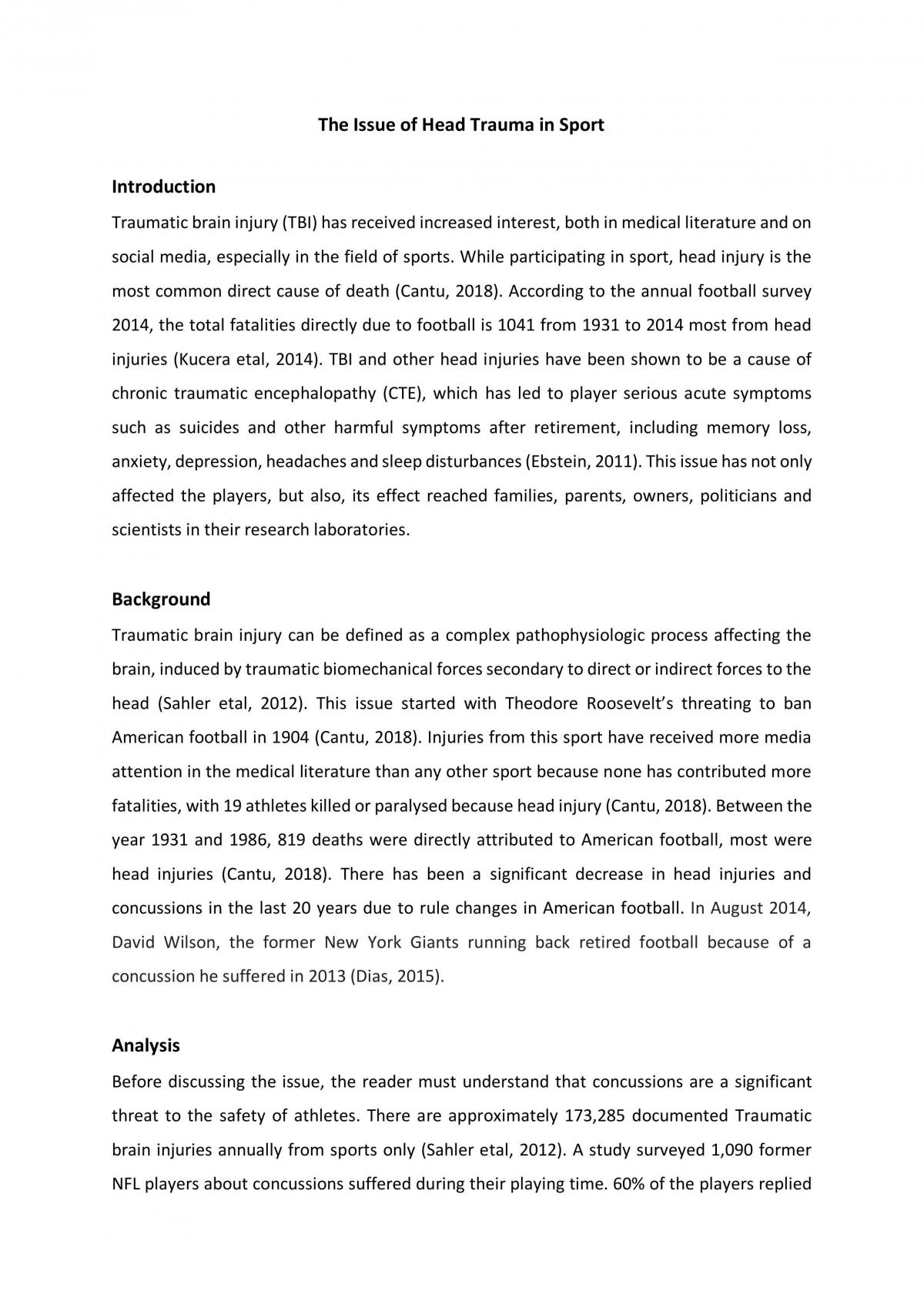 Issue Analysis- Head Trauma in Sport - Page 1