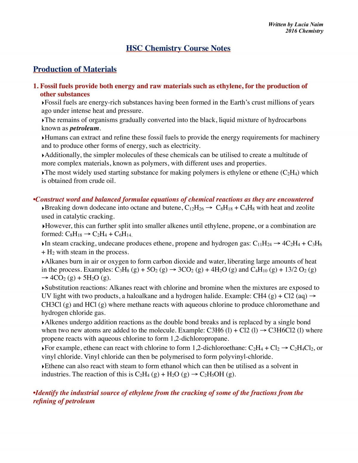 HSC Chemistry (2 Unit) Final Examination Notes (2016) - Page 1