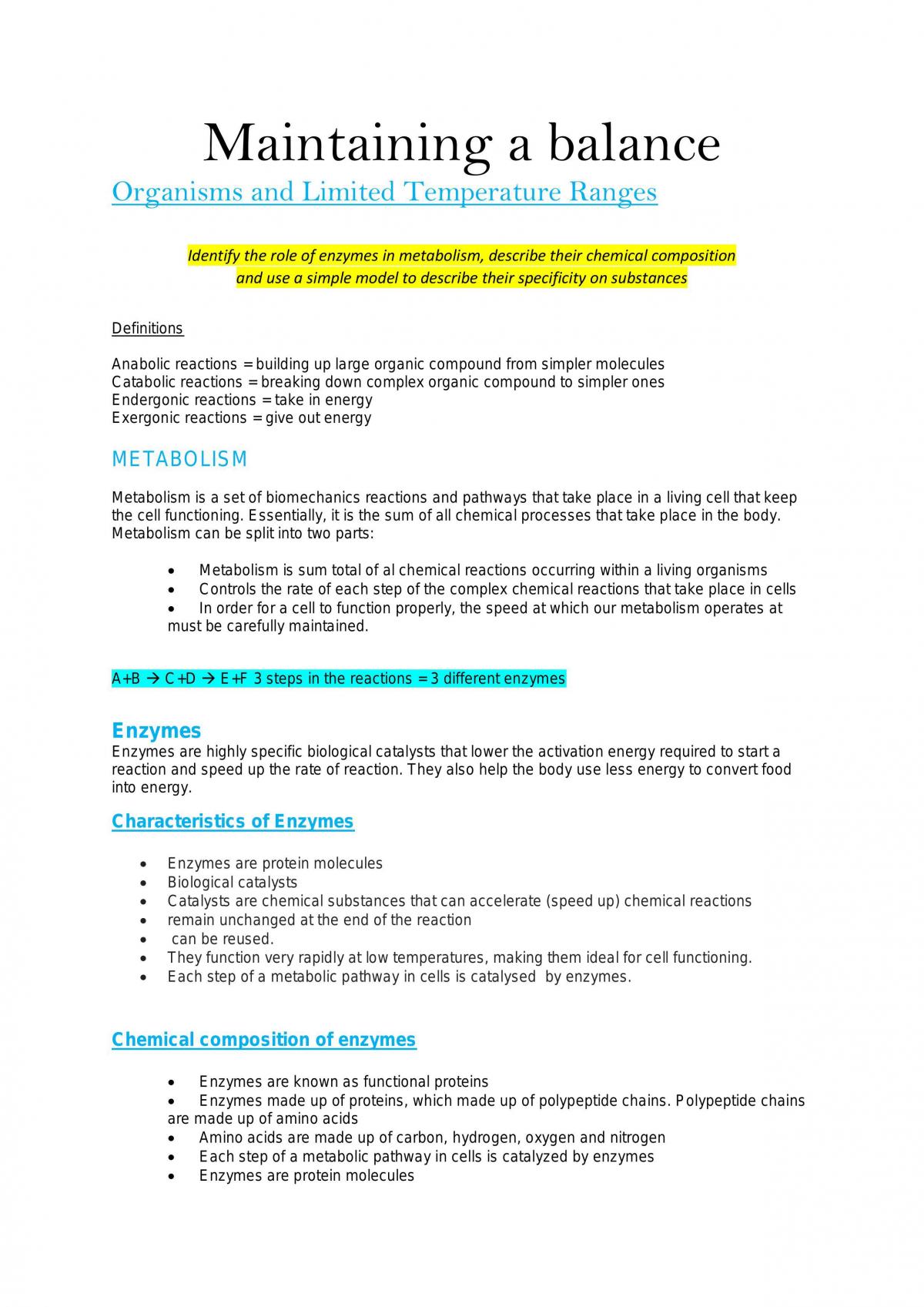 Maintaining Balance Focus 1 Notes - Page 1