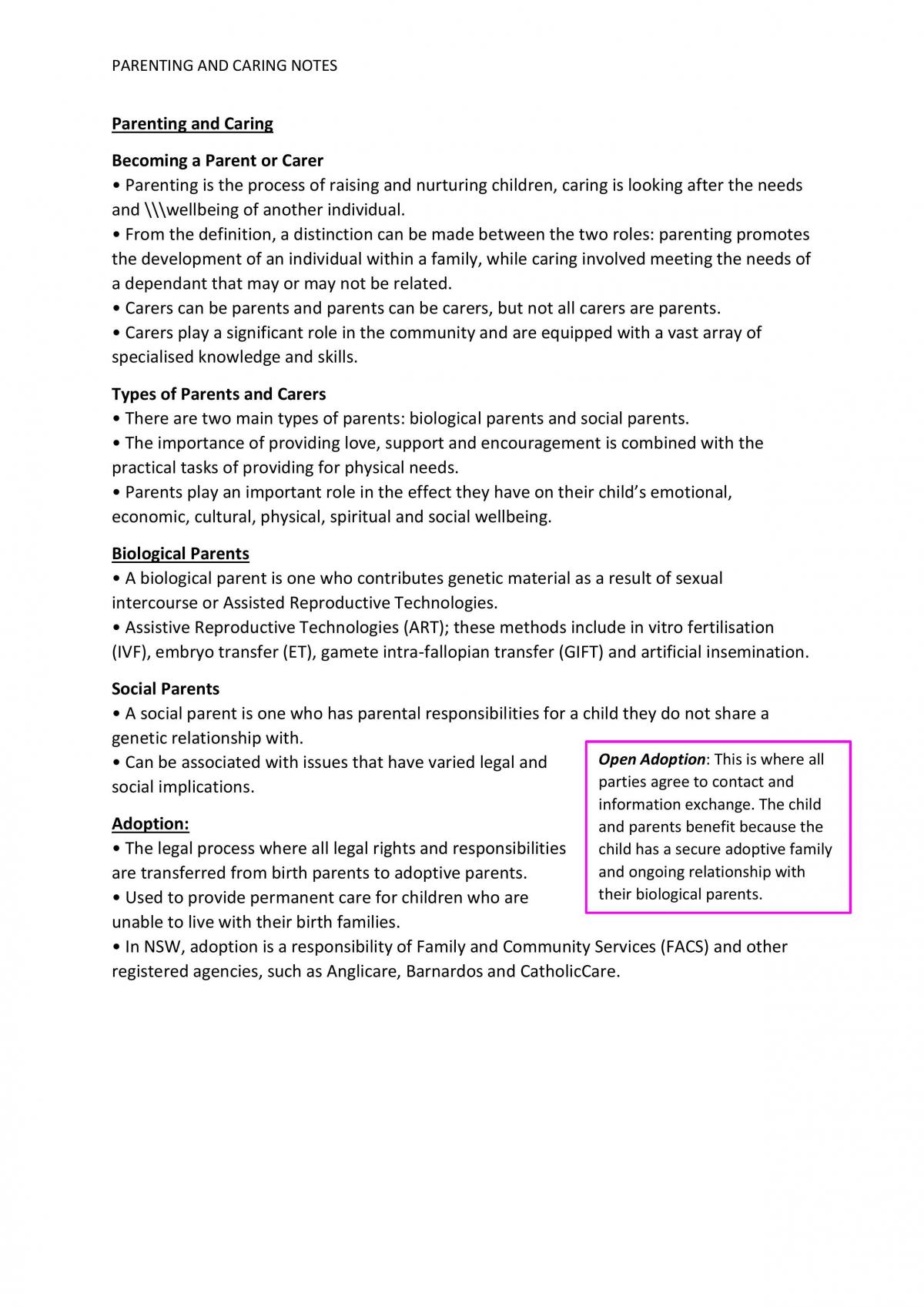 Parenting and Caring Full Study Notes - Page 1