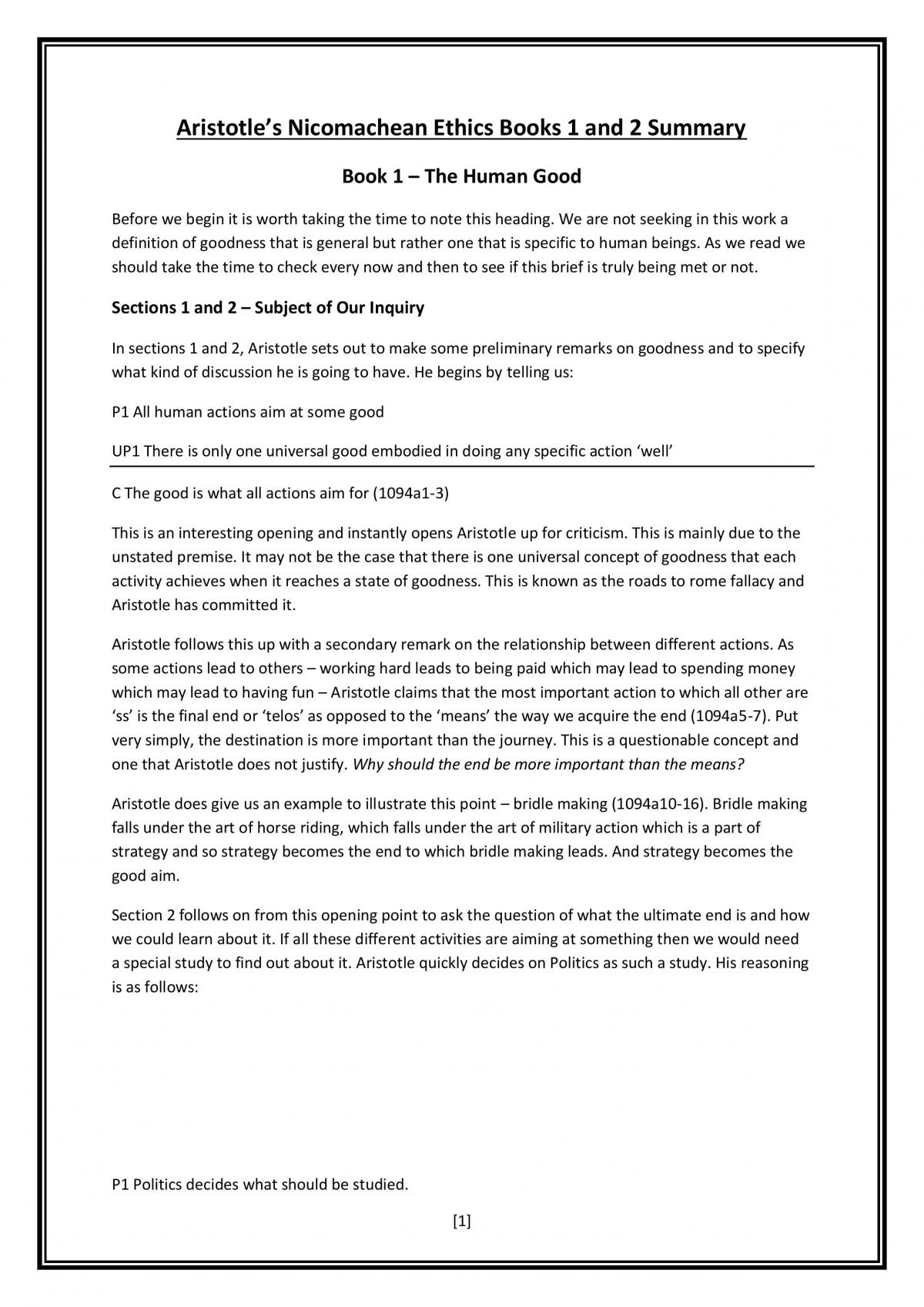 Aristotle The Nicomachean Ethics - Page 1