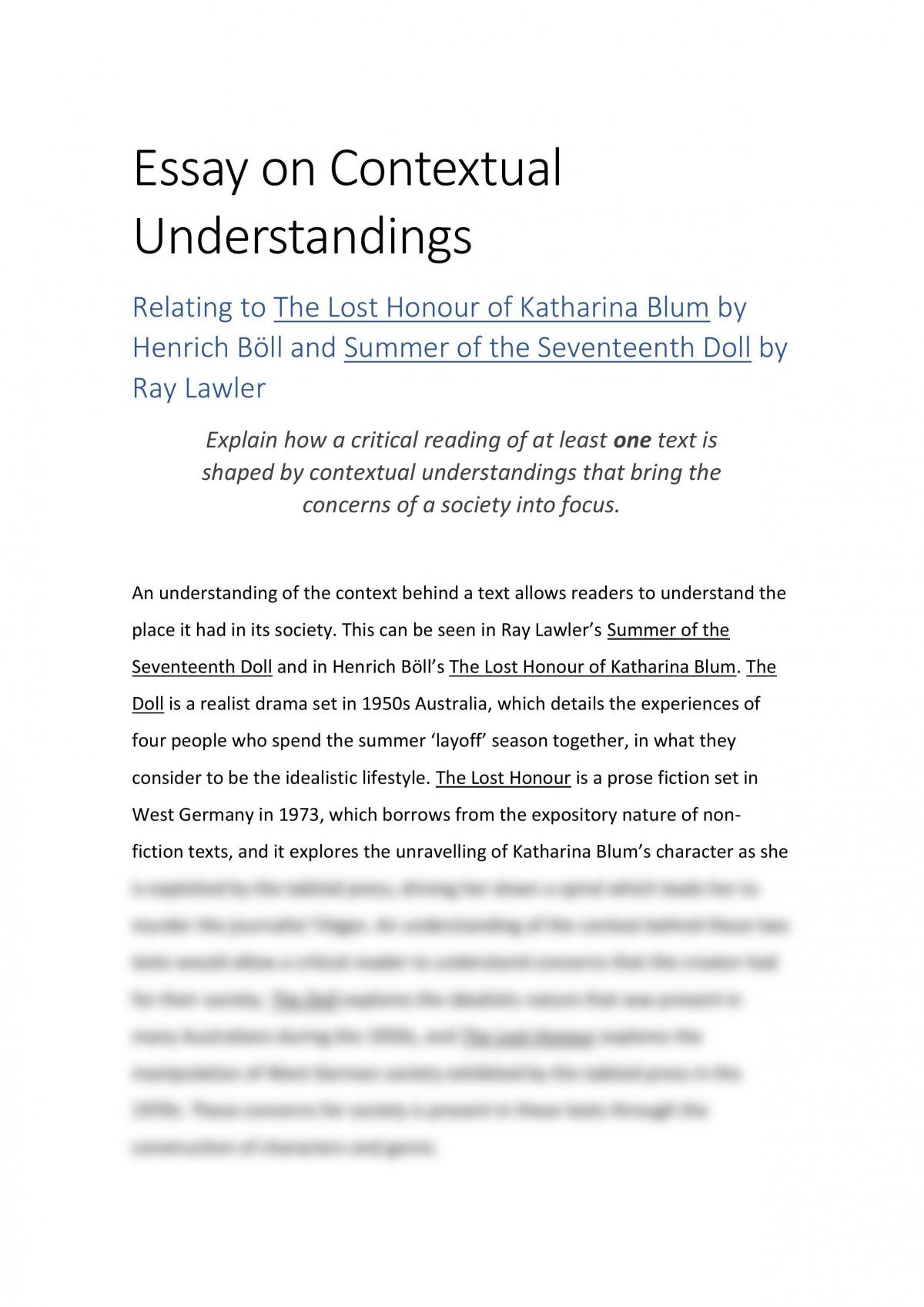 Unit Three Essay Attaining to Knowledge based on Contextual Understandings related to The Lost Honour of Katharina Blum and Summer of the Seventeenth Doll - Page 1