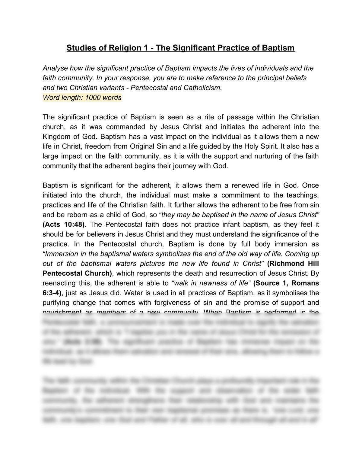 Significant Practice of Baptism Essay - Page 1