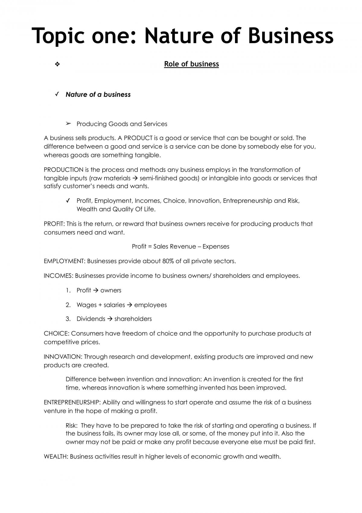 Nature of a Business Topic One Notes - Page 1