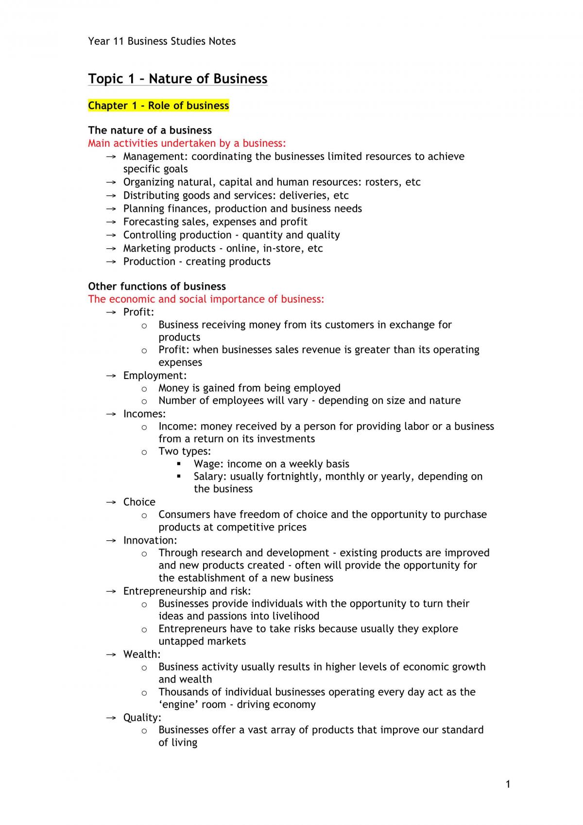 Year 11 (Preliminary) Business Studies Notes  - Page 1