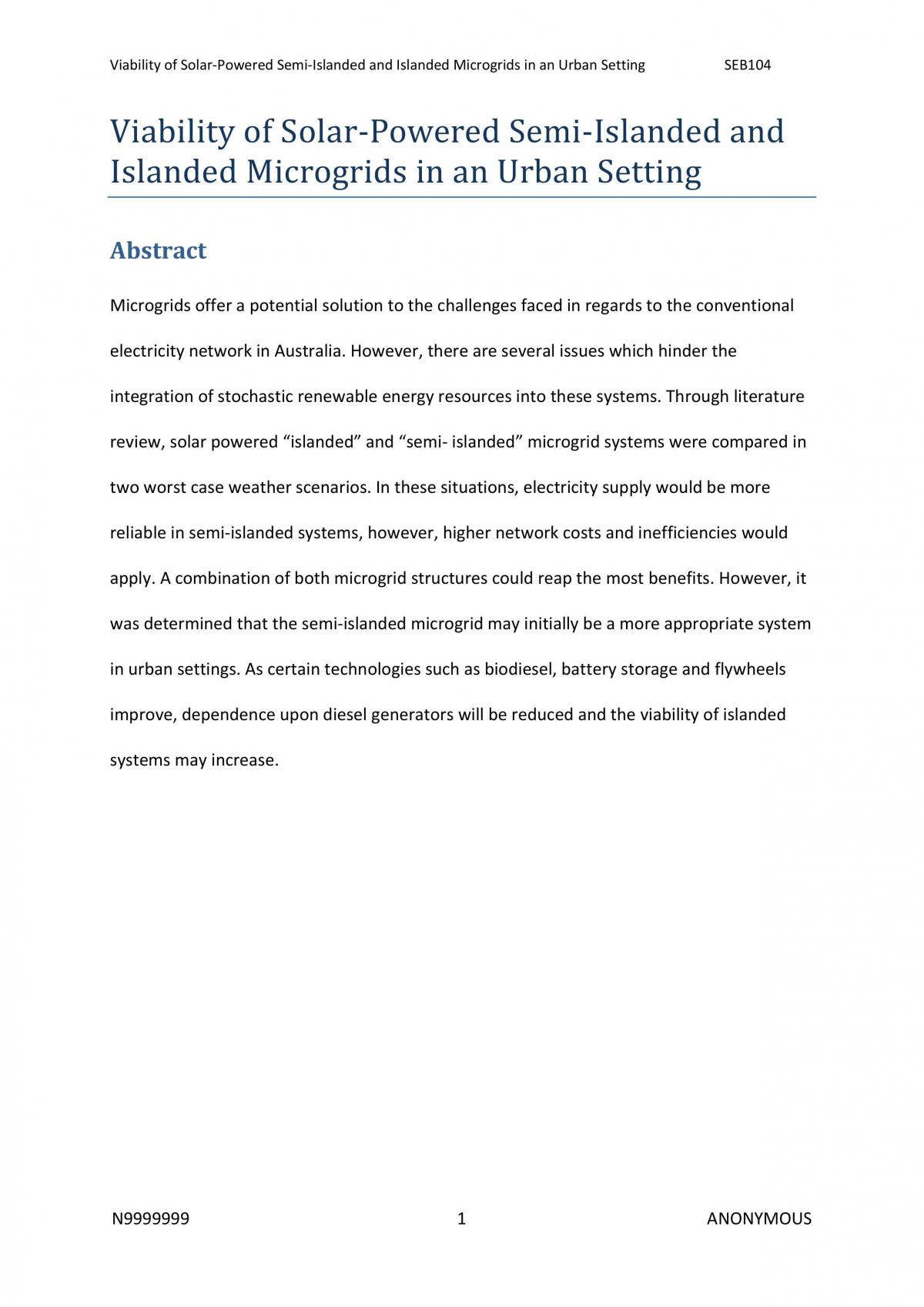 Viability of Solar-Powered Semi-Islanded and Islanded Microgrids in an Urban Setting Essay - Page 1