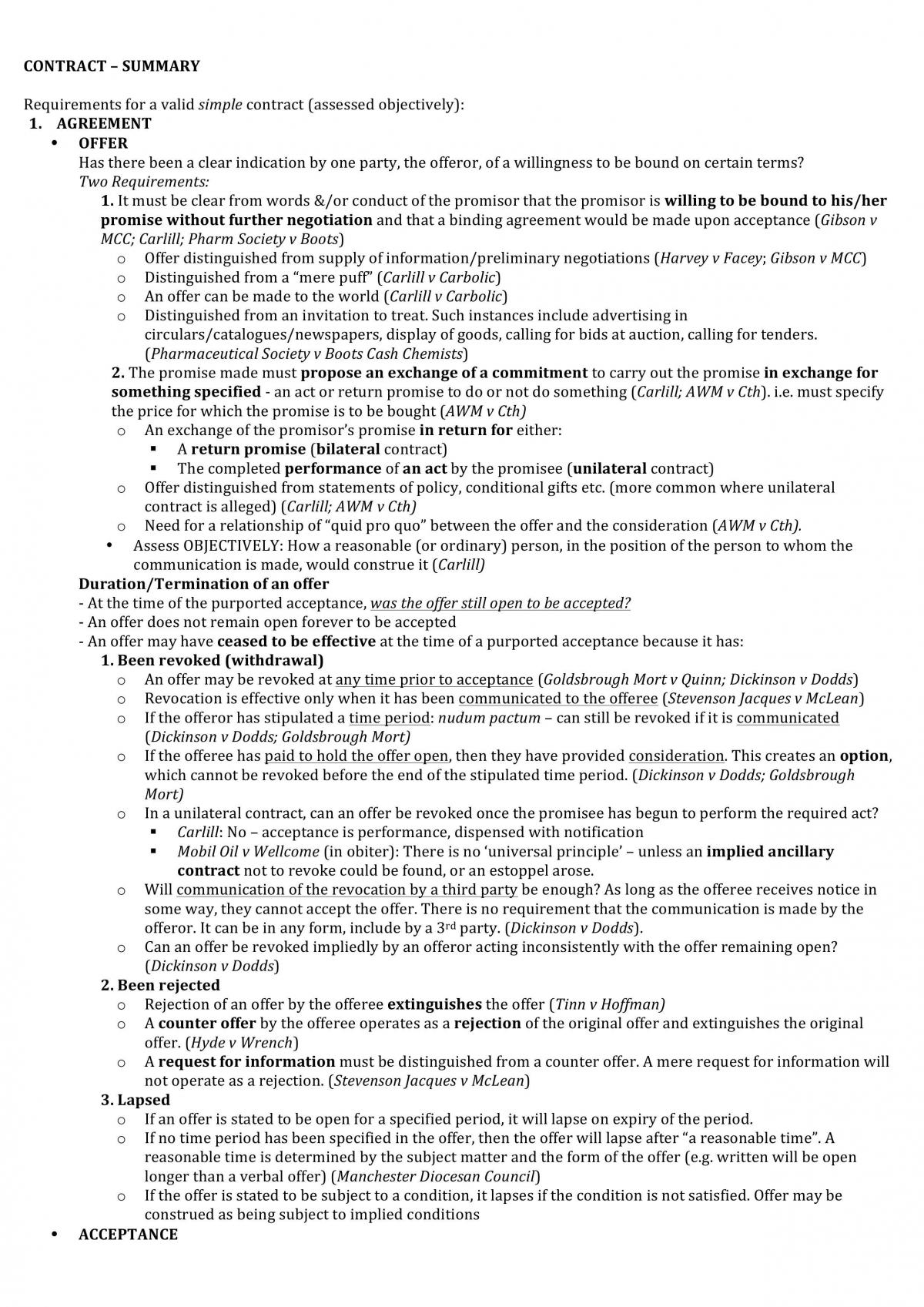 Law of Contract A - Course Summary Exam Notes - Page 1