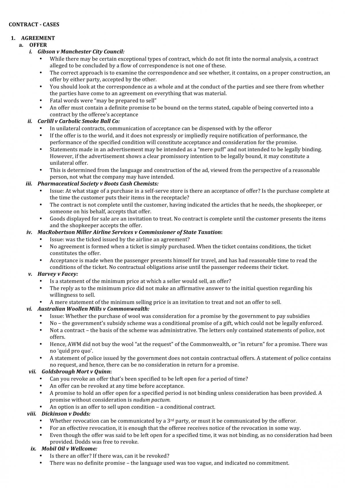 Law of Contract A - Concise Case Notes - Page 1